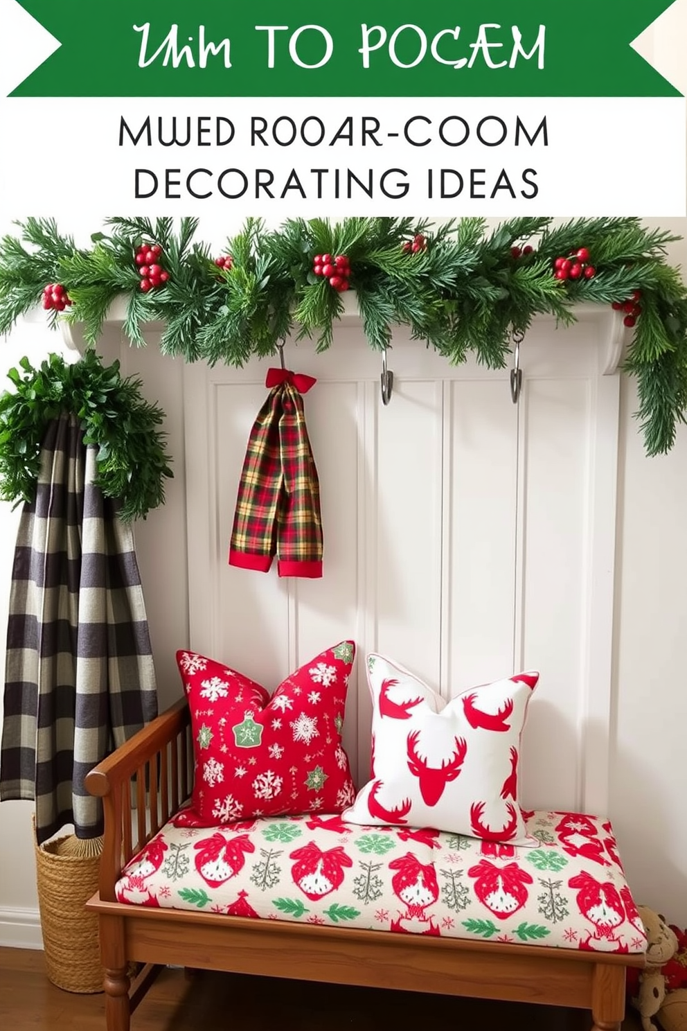 Holiday-themed fabric for cushion covers. The fabric features a festive pattern of snowflakes and reindeer in vibrant red and green hues. Mudroom Christmas Decorating Ideas. Adorn the mudroom with a rustic wooden bench and hang garlands of pine and berries above for a cozy holiday touch.