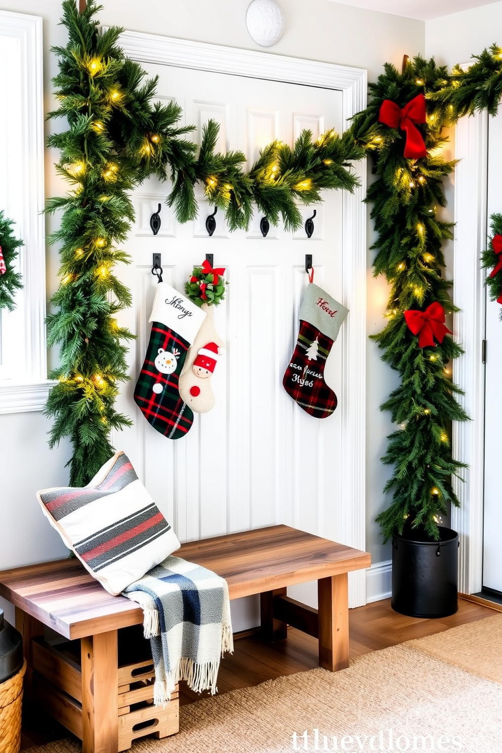 A cozy mudroom decorated for Christmas features festive garlands draped elegantly over wooden shelves. The space is enhanced with twinkling fairy lights intertwined in the greenery, creating a warm and inviting atmosphere.