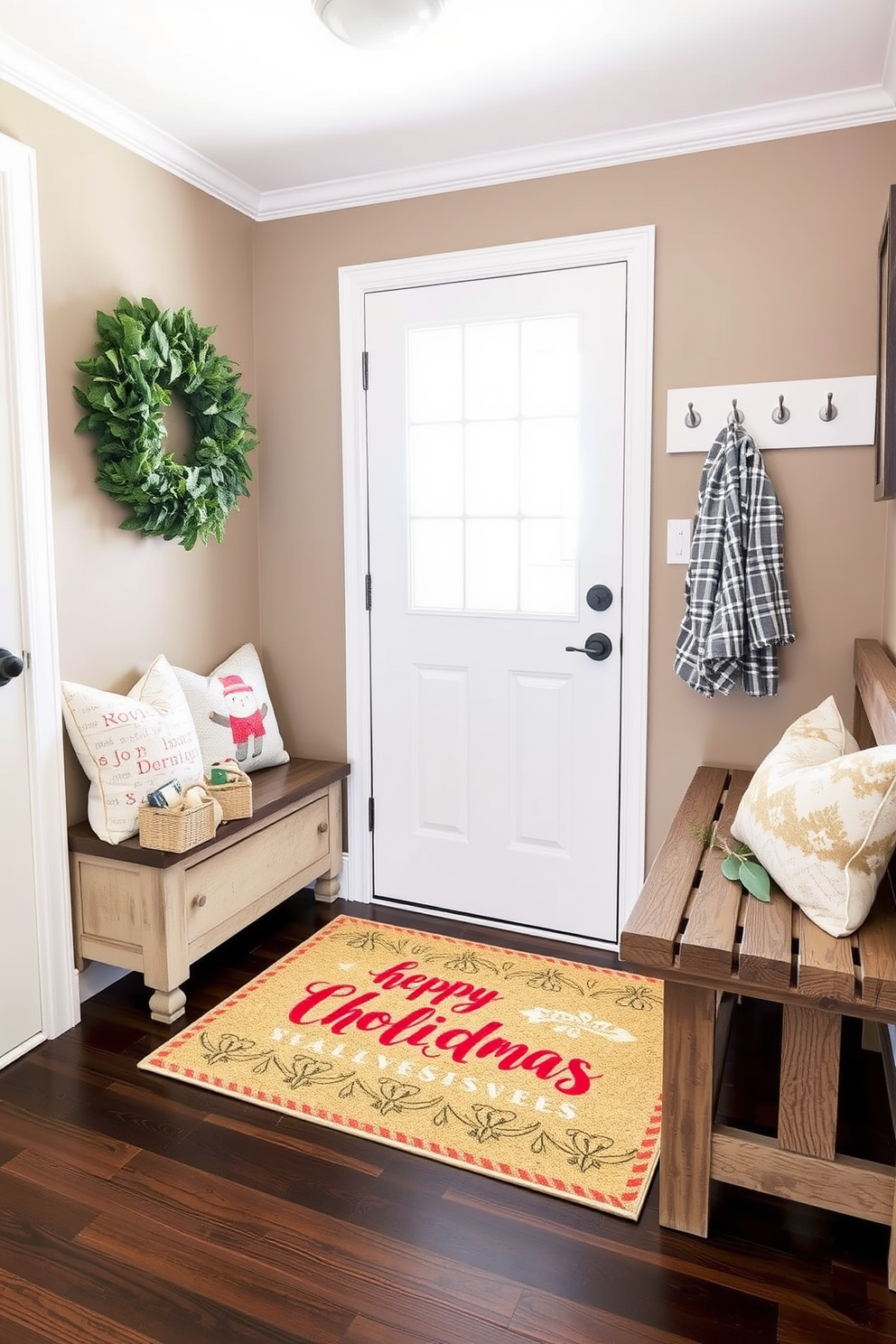 A cozy mudroom adorned with a seasonal doormat featuring cheerful holiday greetings. The walls are painted in a warm taupe color, and a rustic wooden bench sits against one side, decorated with festive throw pillows.