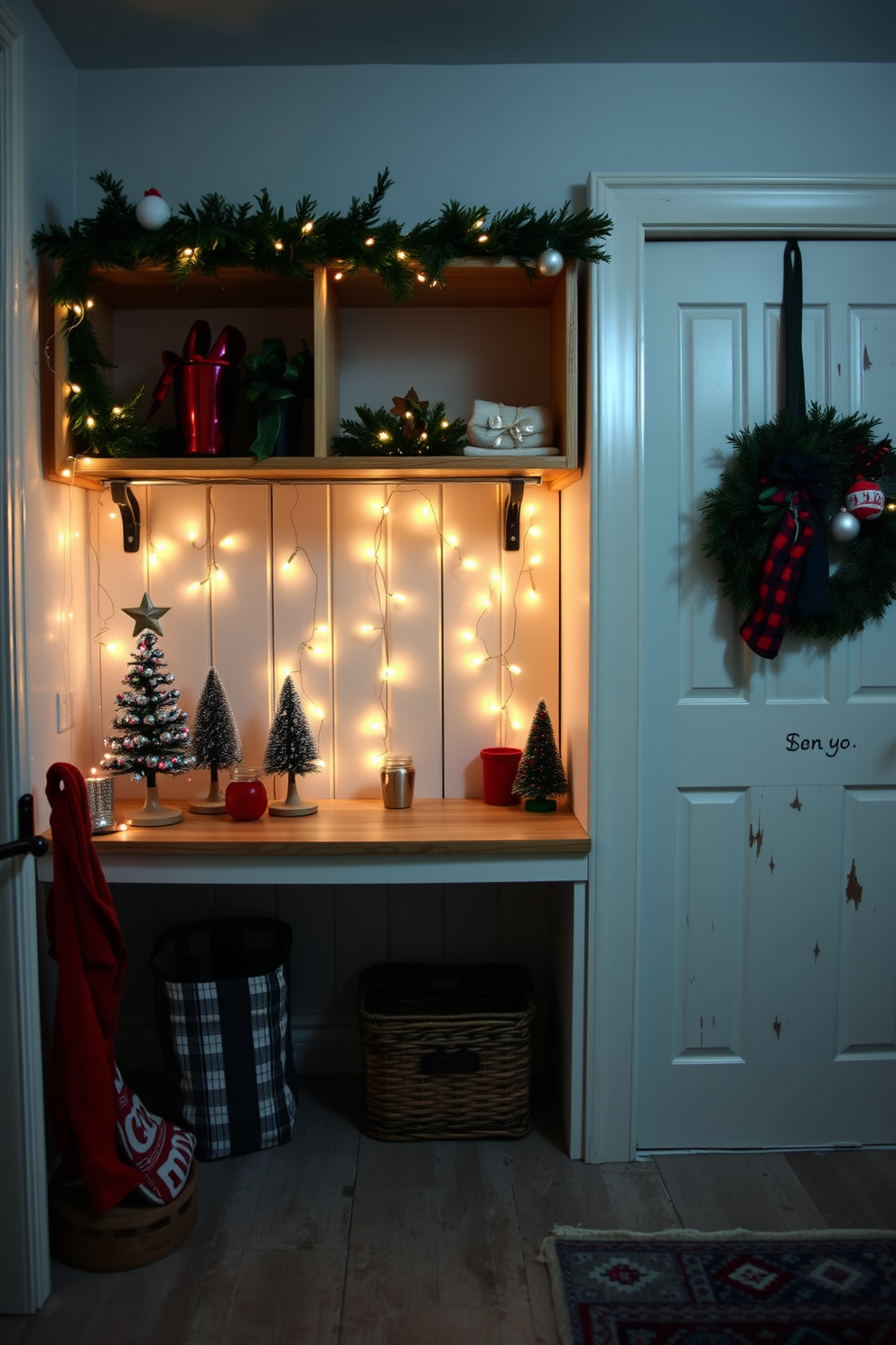 A cozy mudroom adorned with festive Christmas decorations. Fairy lights are elegantly draped along the wooden shelves, casting a warm glow over the space.