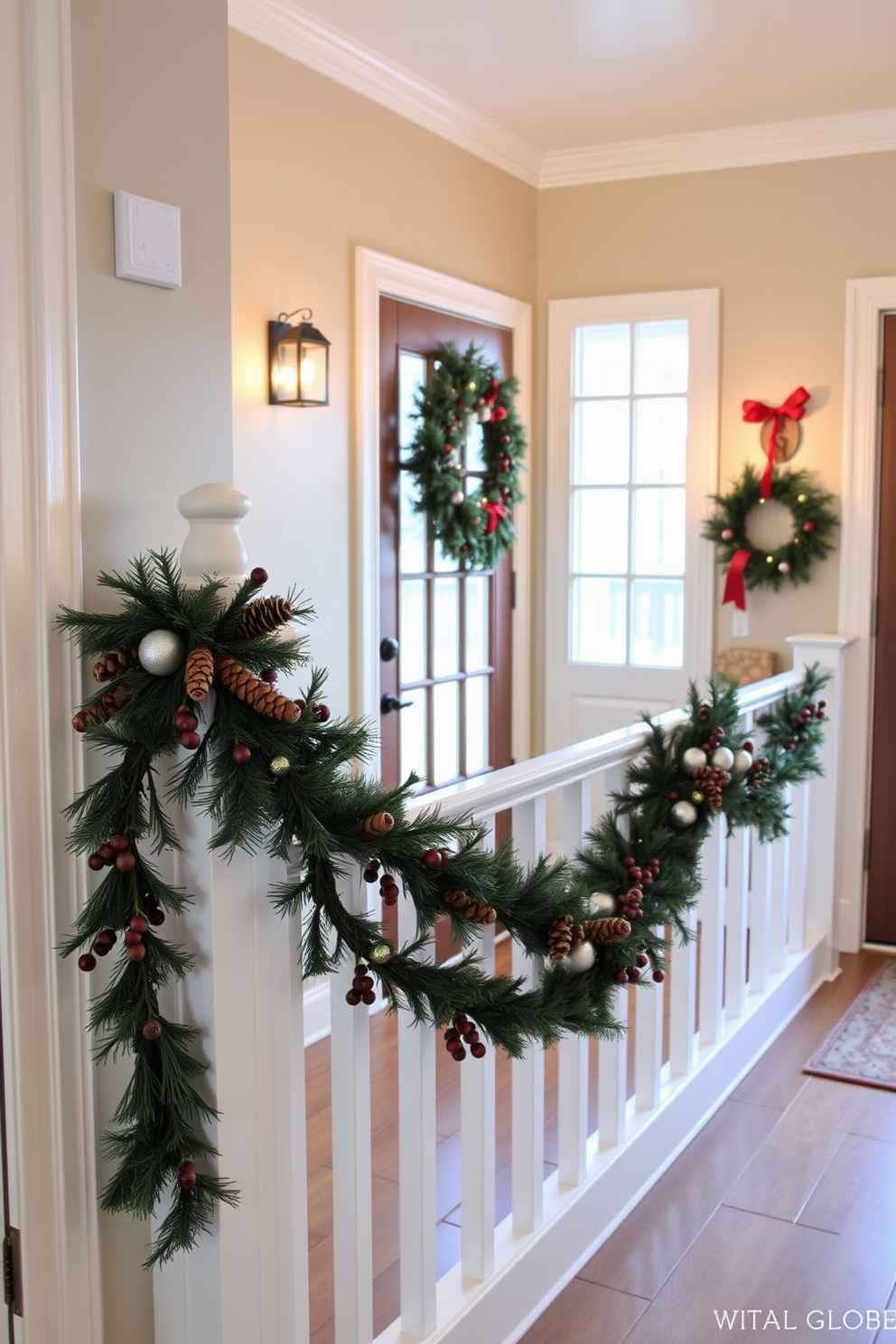 A cozy mudroom adorned for Christmas features a pinecone and berry garland elegantly draped along the railings. The space is enhanced with warm lighting, creating a festive atmosphere that invites family and friends to gather.