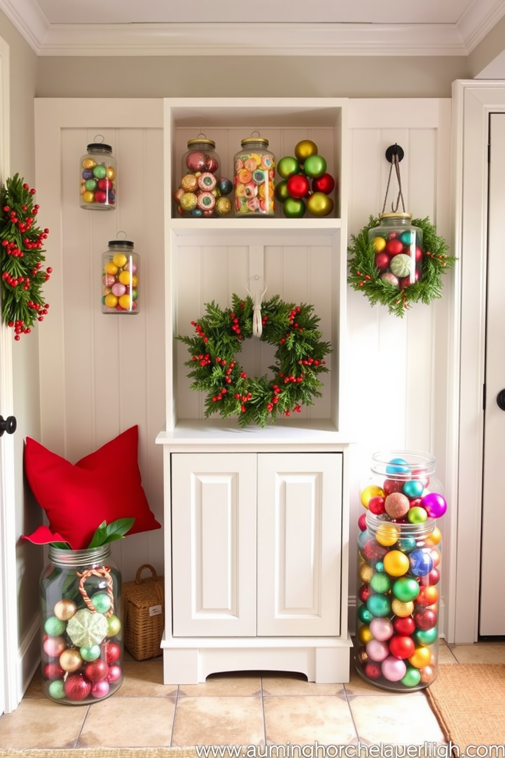 A cozy mudroom adorned with colorful ornaments in glass jars. The jars are filled with an assortment of vibrant decorations, creating a festive atmosphere for the holiday season.