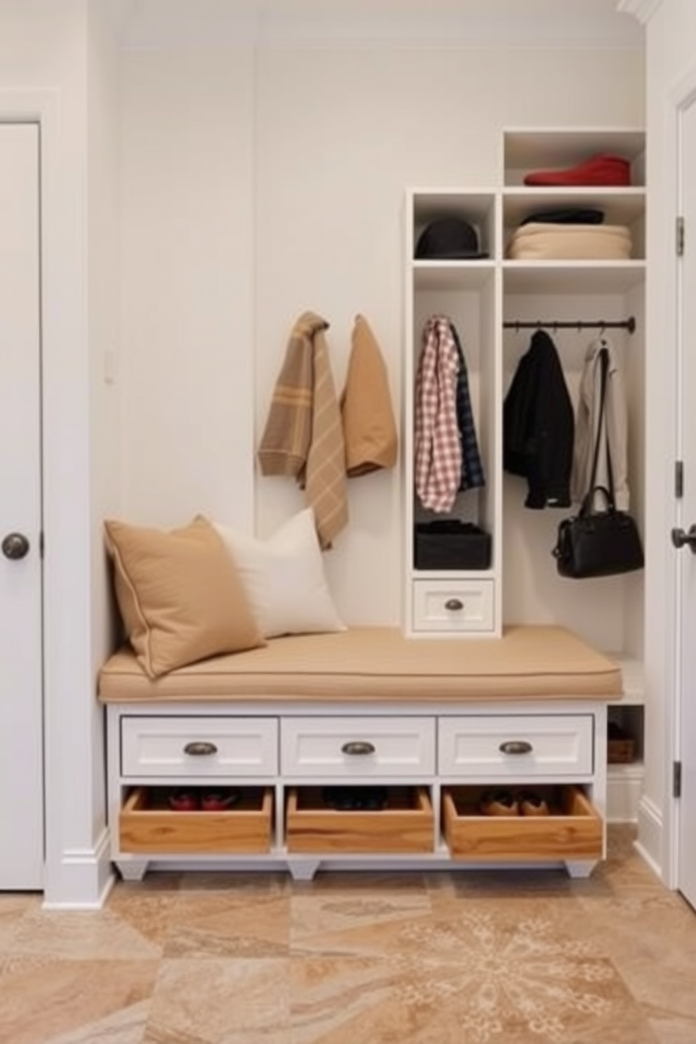 Cozy bench with storage underneath. The bench is upholstered in soft fabric, providing a comfortable seating area, while the storage compartment beneath is accessible through hinged lids for easy organization of shoes and outdoor gear. Mudroom closet design ideas. The closet features built-in shelves and hooks for hanging coats, with a sliding door that saves space and keeps the area tidy, creating a functional yet stylish entryway.