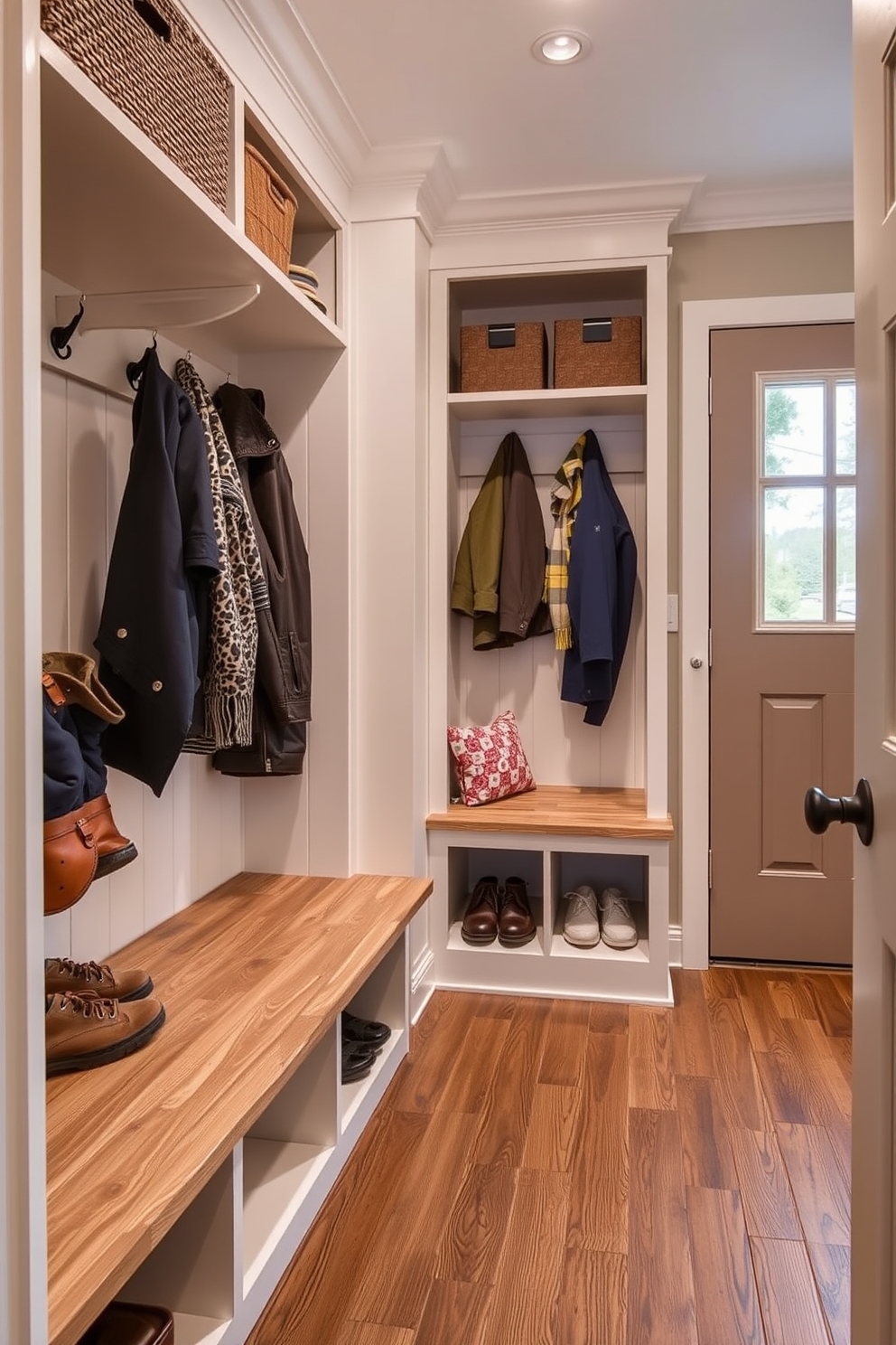 A bright and functional mudroom closet features ample storage with built-in shelves and hooks for coats and bags. The space is illuminated by natural light streaming through a nearby window, creating a welcoming atmosphere.