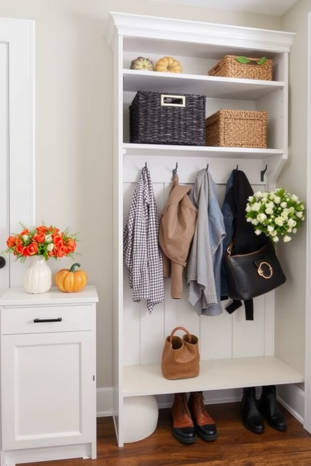 Seasonal decor adds a personal touch to any space. Imagine a mudroom adorned with festive wreaths, cozy blankets, and vibrant throw pillows that reflect the changing seasons. For the mudroom closet design, envision a functional yet stylish space. Built-in shelving, hooks for coats, and a bench for seating create an organized and welcoming entryway.