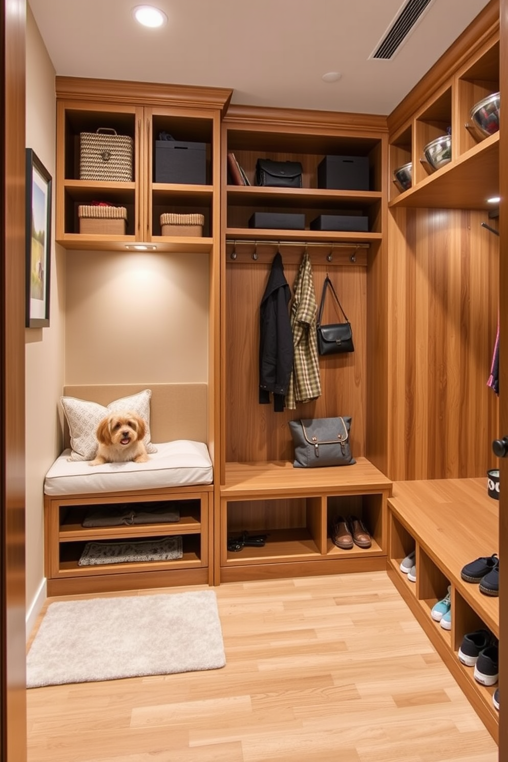 A functional mudroom features durable flooring that can withstand heavy foot traffic while maintaining an inviting aesthetic. The flooring is a rich, textured tile that complements the surrounding cabinetry and provides easy maintenance. The closet design incorporates built-in shelves and hooks for efficient storage of shoes and outerwear. Soft, ambient lighting enhances the space, creating a warm and welcoming environment for family and guests.