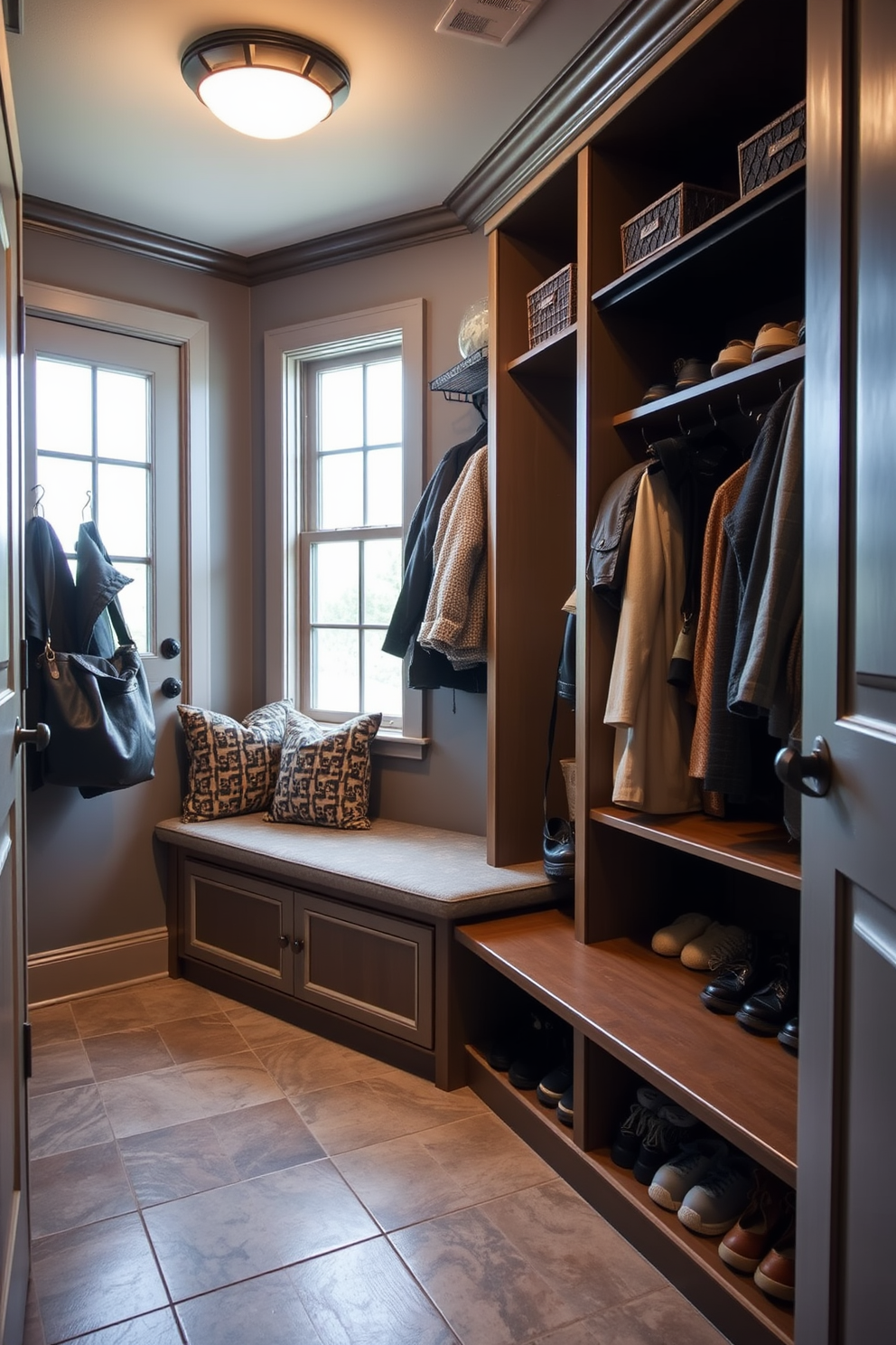 Custom cabinetry for a tailored look. The cabinetry features a mix of open shelving and closed storage, designed to maximize organization and style. Mudroom closet design ideas. The space includes built-in benches with cushions, hooks for coats, and a combination of drawers and baskets for easy storage.