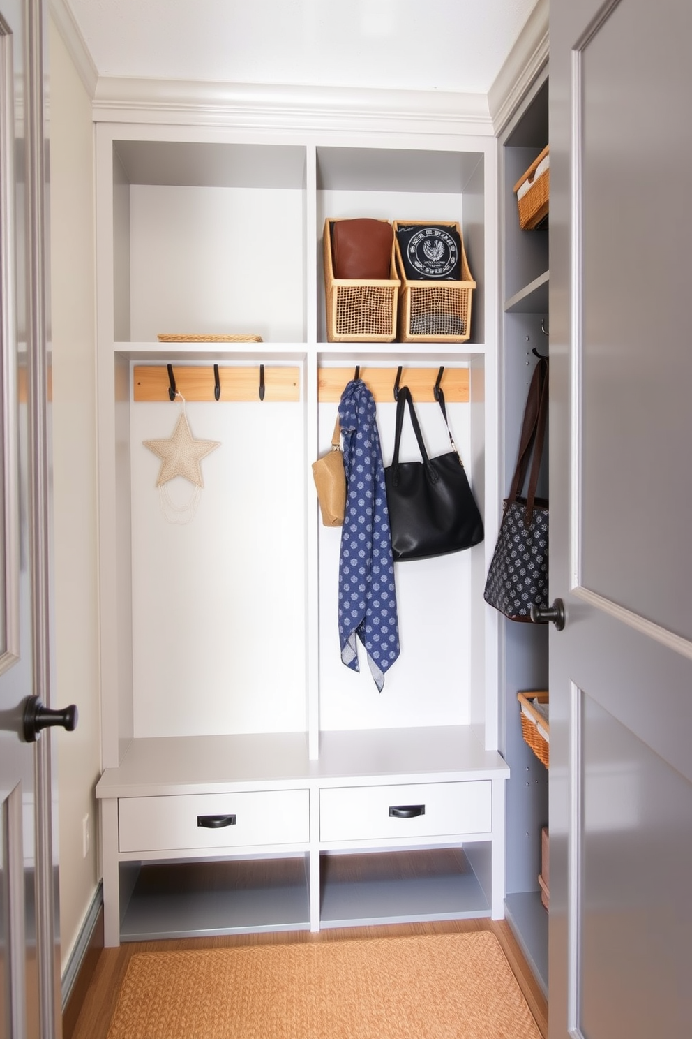 Integrated laundry space for convenience. The design features a compact washer and dryer unit seamlessly built into cabinetry with ample storage above and below. Mudroom closet design ideas. The space includes built-in benches with storage underneath, hooks for coats, and shelves for shoes, all in a neutral color palette to enhance organization and style.