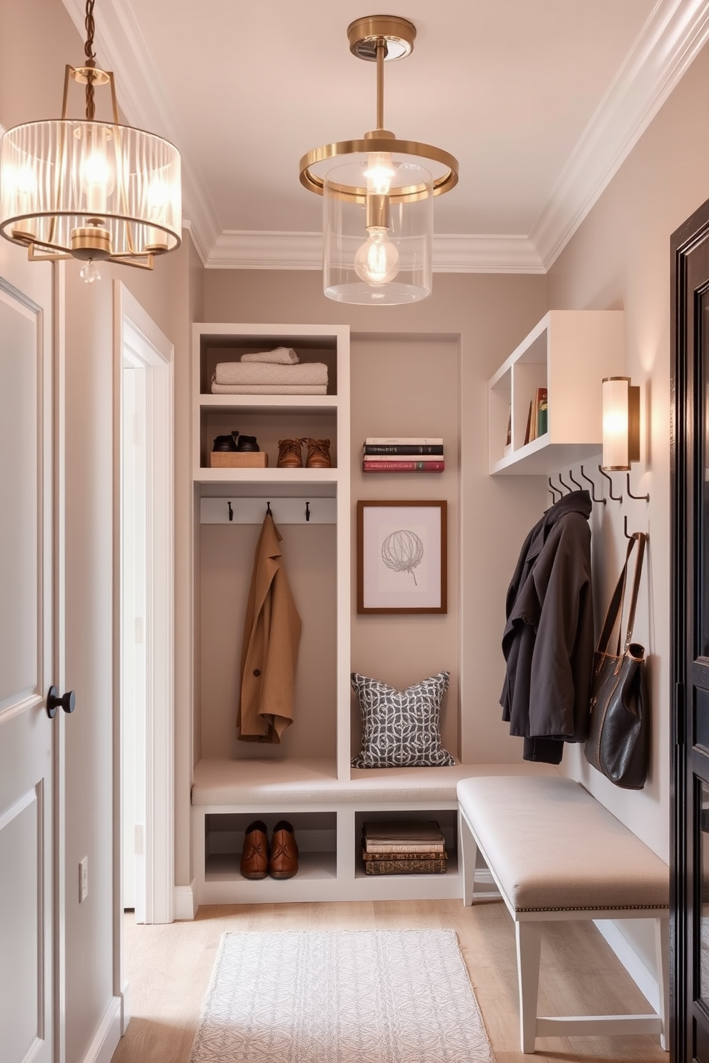 A serene mudroom featuring a neutral color palette that promotes a calming effect. The walls are painted in soft beige, while the flooring consists of light oak planks for warmth and continuity. The space includes built-in wooden cubbies for storage, adorned with plush cushions in muted tones. A sleek bench runs along one side, providing a cozy spot to sit and remove shoes.