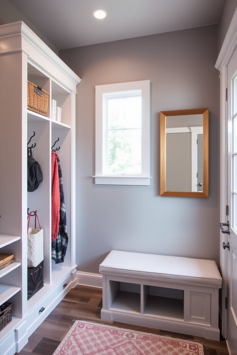 A mudroom featuring a mirrored wall that enhances the sense of space and depth. The design includes a built-in bench with storage underneath and hooks above for coats and bags.