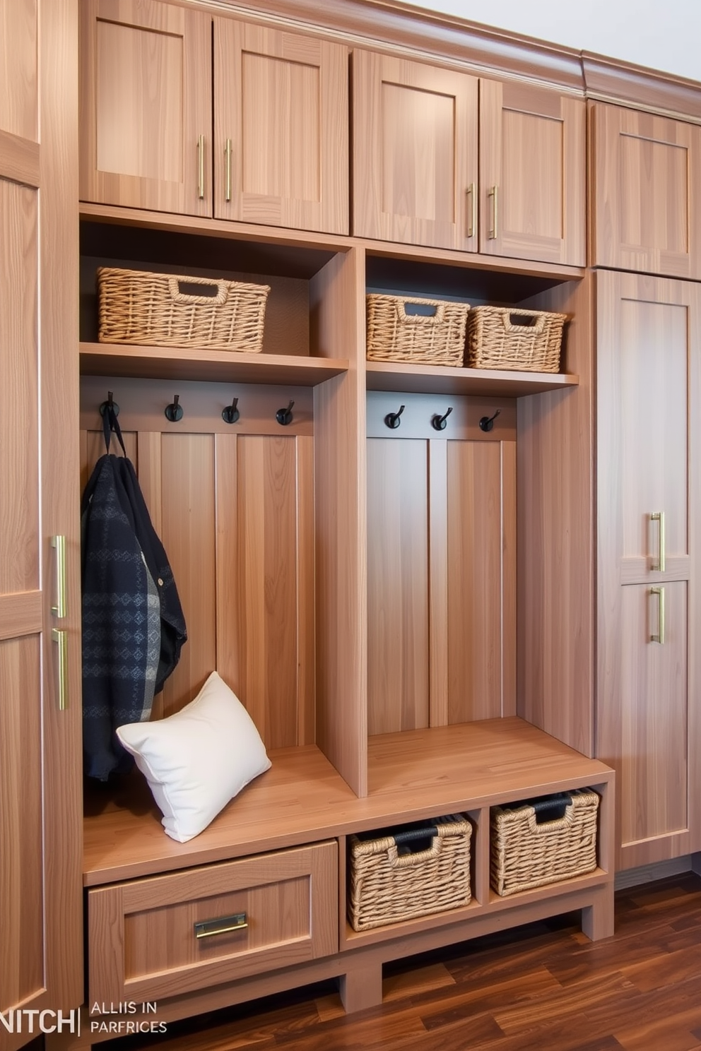 A cozy mudroom featuring vintage accents that evoke a rustic feel. The space includes reclaimed wood benches, hooks for hanging coats, and a distressed cabinet for storage. Natural light floods in through a small window, illuminating the earthy tones of the decor. A woven basket sits beside the bench, filled with soft blankets and seasonal items.