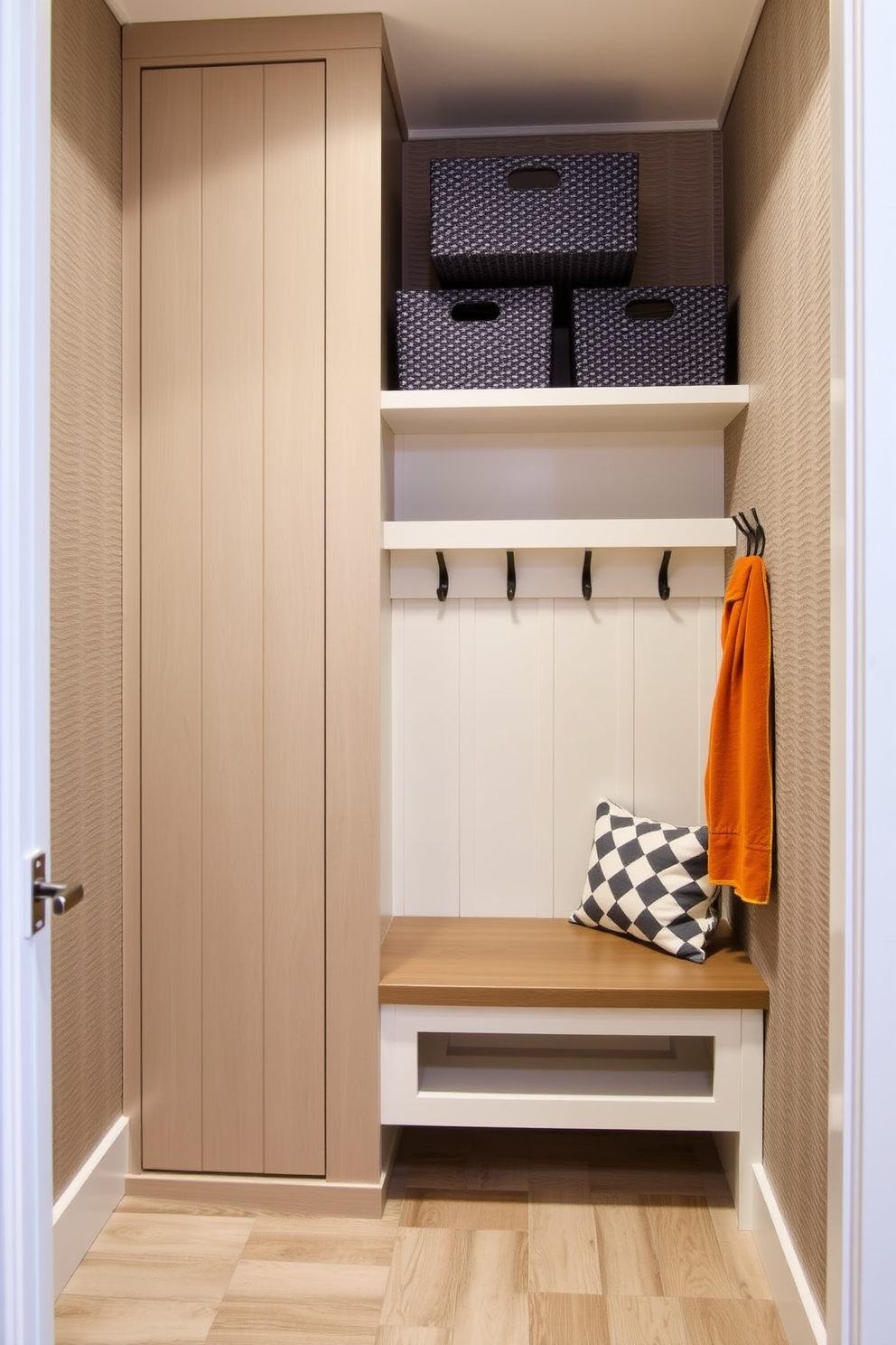 A stylish mudroom closet features a combination of open shelving and closed cabinets for hidden storage solutions. Woven baskets are neatly arranged on the shelves, providing an organized and aesthetically pleasing way to store shoes and outdoor gear. The closet is painted in a soft neutral tone to create a warm and inviting atmosphere. A bench with cushioned seating sits below the shelving, making it easy to put on or take off shoes while adding functionality to the space.