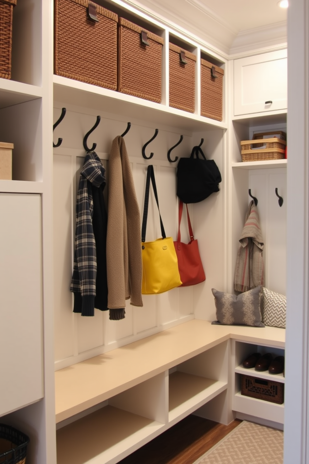 A vibrant mudroom featuring colorful wallpaper with playful patterns that create a cheerful ambiance. The space includes built-in storage benches and hooks for coats, with a cheerful rug underfoot adding warmth and texture. The closet is designed with organized shelving and baskets for easy access to shoes and accessories. Brightly colored bins complement the wallpaper, enhancing the lively atmosphere of the mudroom.