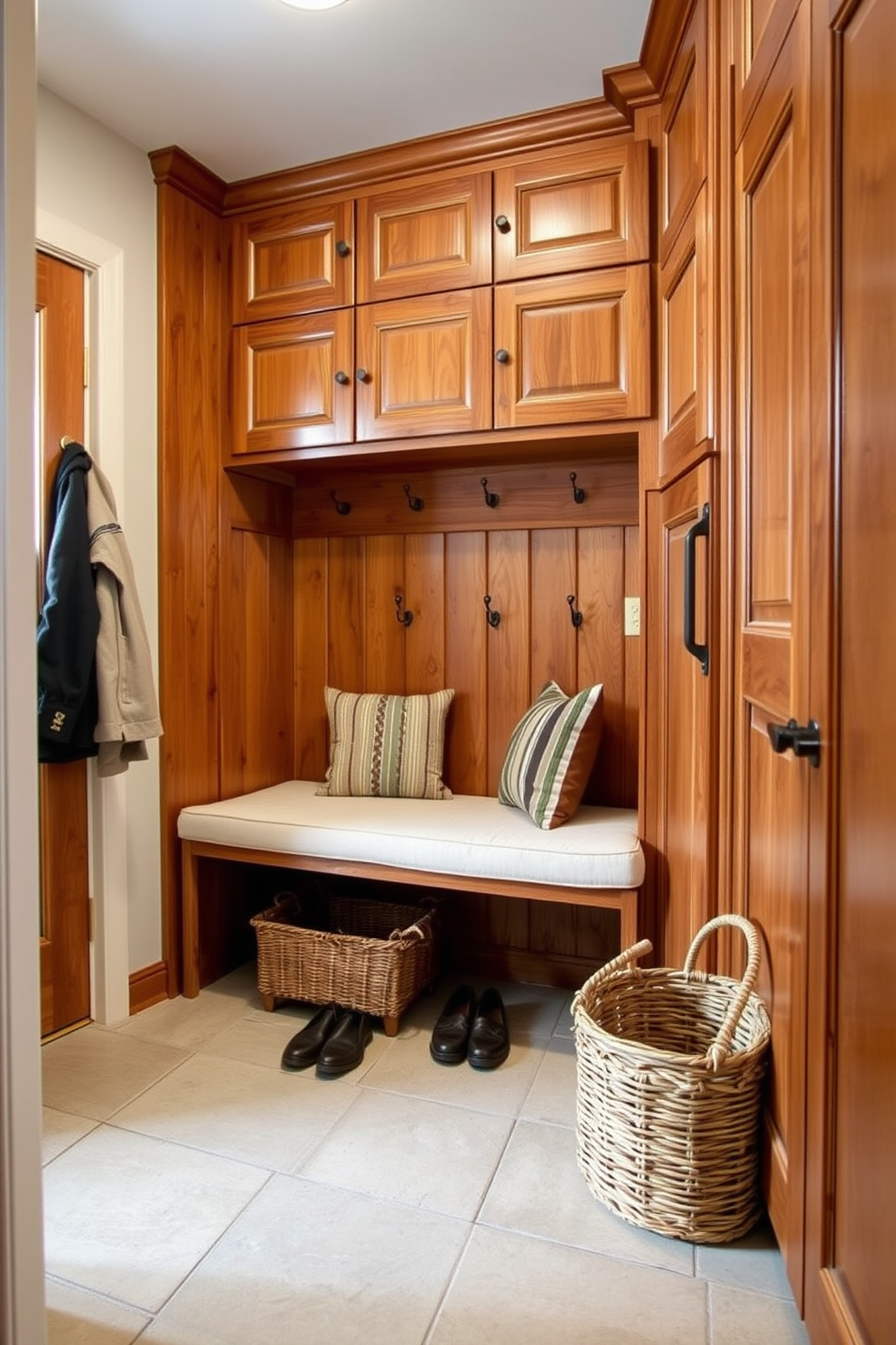 A stylish mudroom features a built-in bench seat with plush cushions and hooks above for hanging coats and bags. The walls are painted in a soft gray, and the floor is covered with durable, patterned tiles for easy maintenance. The mudroom closet design includes custom shelving and storage bins for shoes and accessories. Natural light streams in through a nearby window, enhancing the welcoming atmosphere of the space.