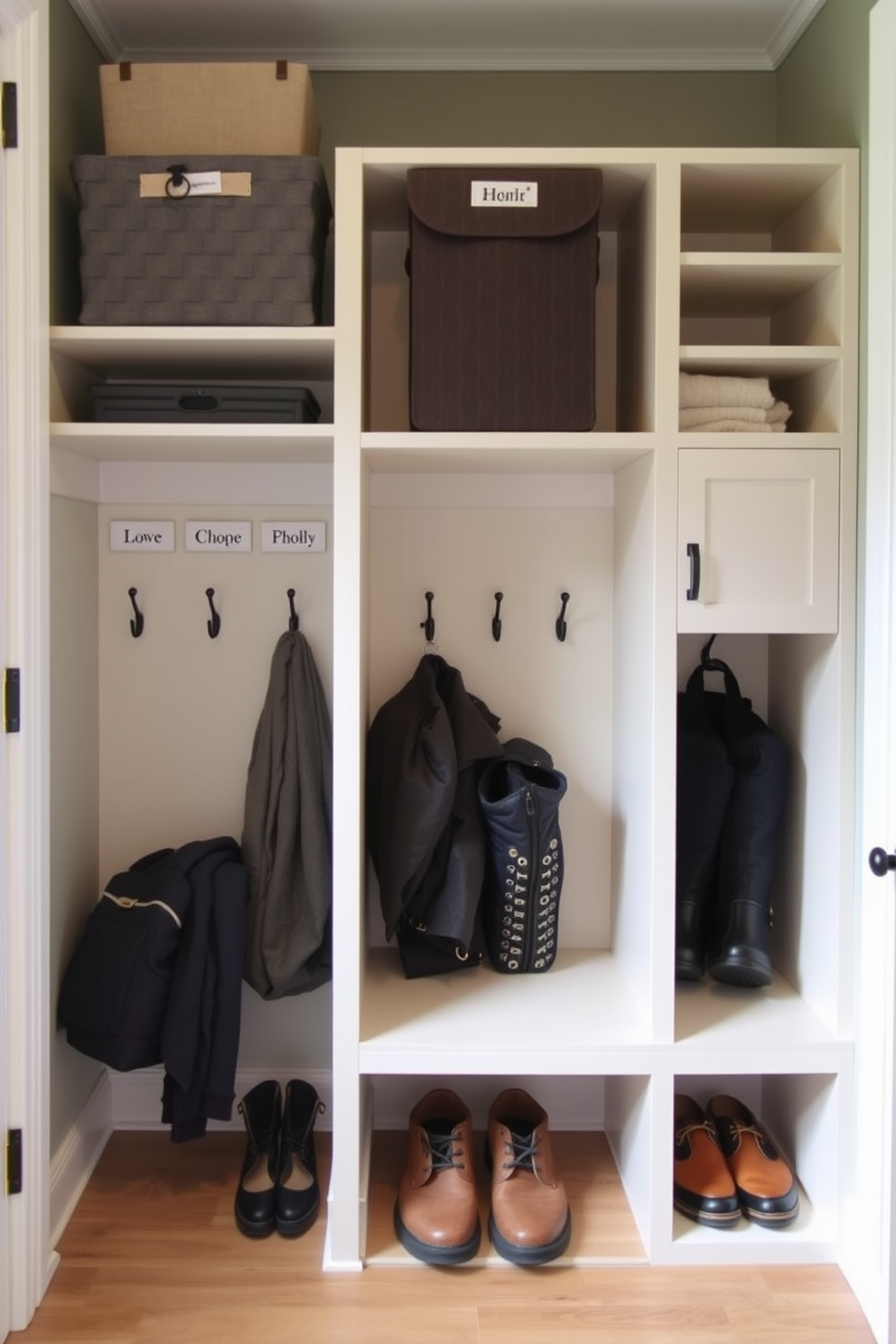 A striking accent wall painted in a deep navy blue creates a dramatic focal point in the room. Surrounding the wall, light-colored furniture and decor enhance the boldness of the paint while maintaining a balanced aesthetic. The mudroom features a spacious closet with built-in shelving and hooks for storage. A bench with plush cushions provides a comfortable spot for putting on shoes, while a durable tile floor is ideal for withstanding daily wear and tear.