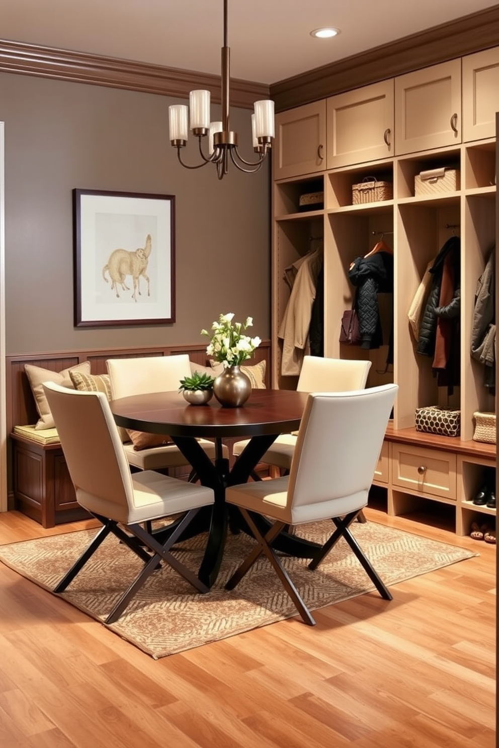 A functional mudroom closet featuring hooks with labels for family organization. The closet is designed with a warm wood finish, providing a welcoming entryway with ample space for coats and bags.