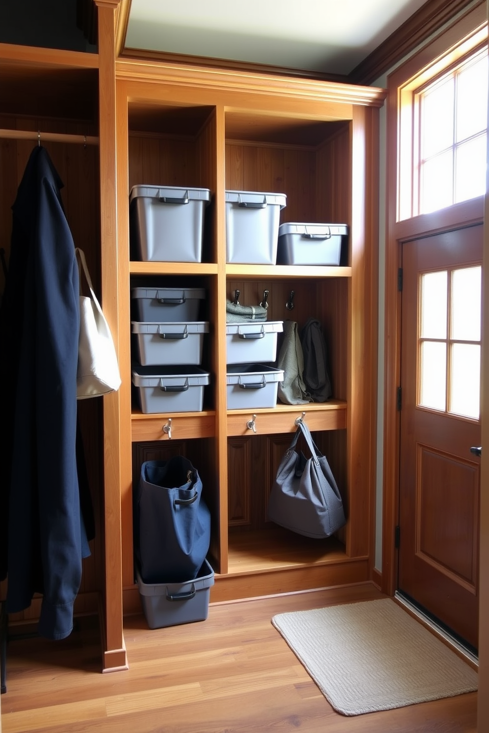 A compact entryway featuring a built-in mudroom with hooks for coats and a bench for seating. The walls are painted in a light gray, and the floor is covered with durable, textured tiles for easy maintenance. The closet includes shelves for shoes and storage bins, maximizing functionality in a small space. A decorative mirror hangs above the bench, enhancing the sense of openness and light.