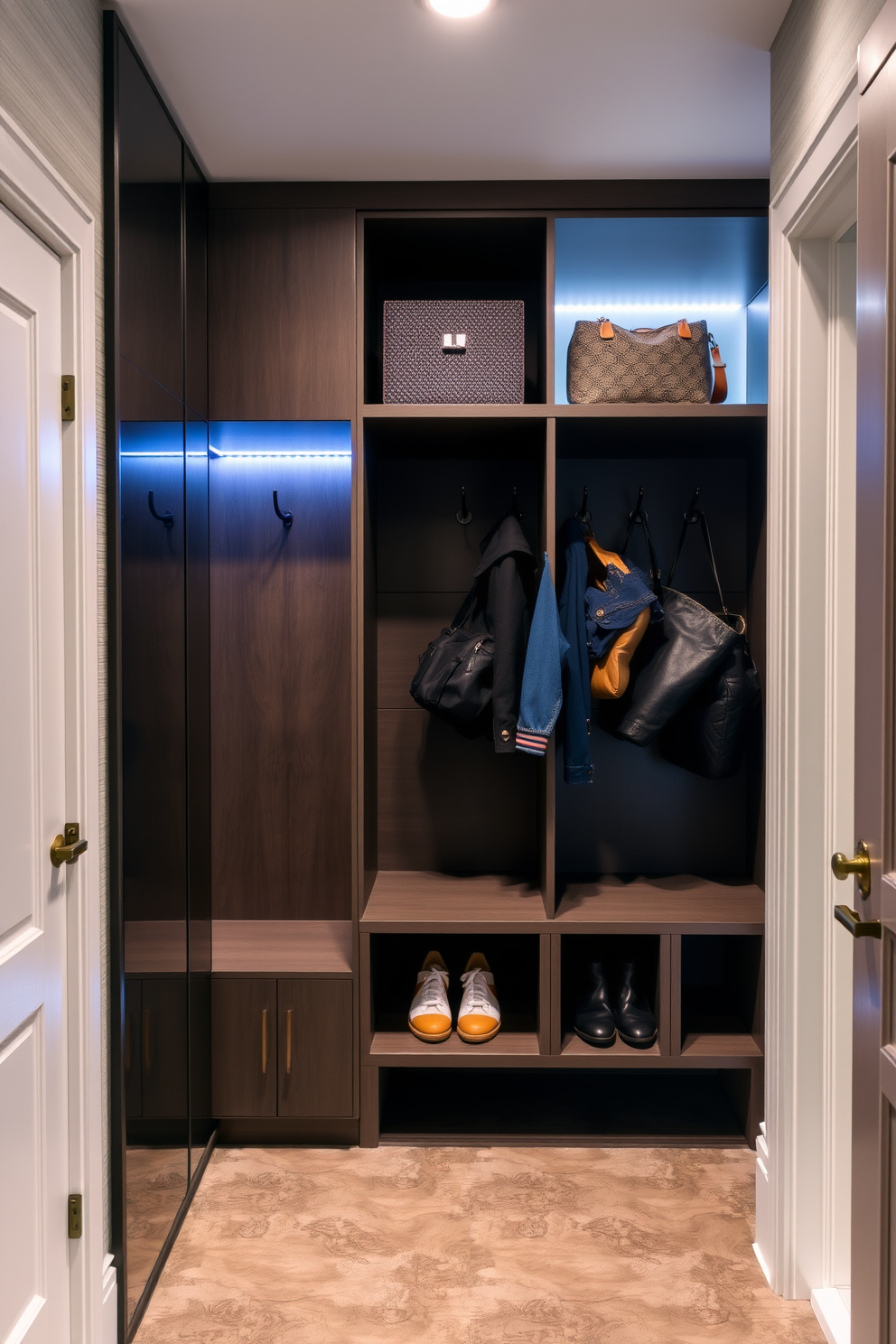 A stylish mudroom closet features glass door cabinets showcasing neatly arranged display items. The space is designed with a combination of functional storage and aesthetic appeal, incorporating hooks for coats and a bench for convenience.