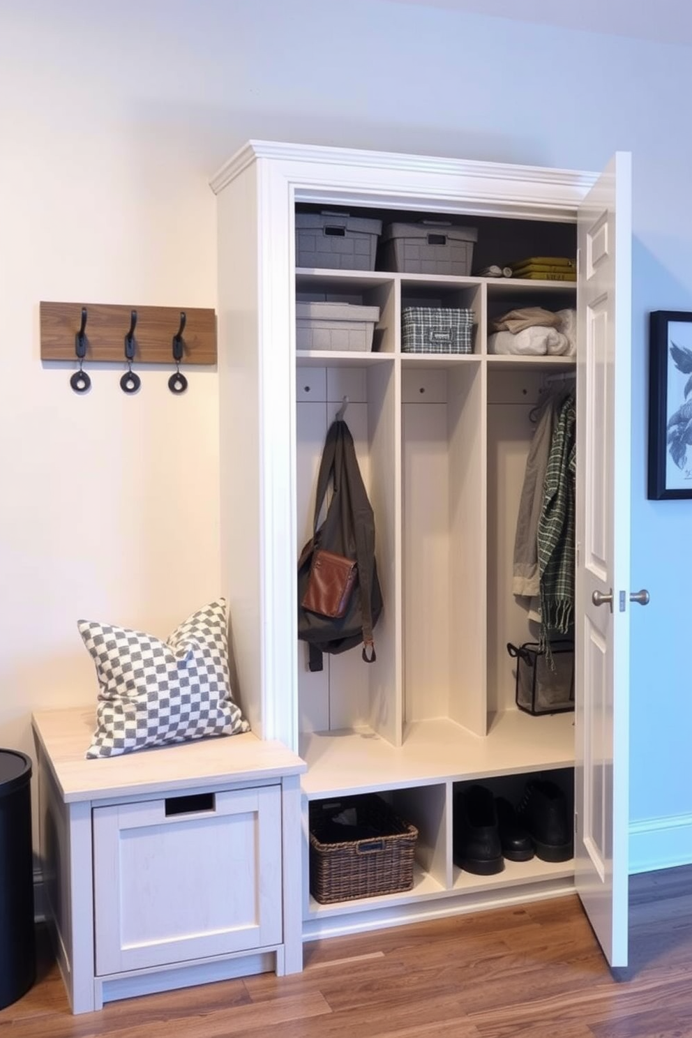 Create a functional mudroom space featuring durable floor mats that are easy to clean. The design includes built-in storage solutions with a combination of open shelves and closed cabinets for efficient organization. Incorporate a bench with cushions for comfort and a stylish touch. The color palette should be warm and inviting, with accents that reflect the home's overall aesthetic.