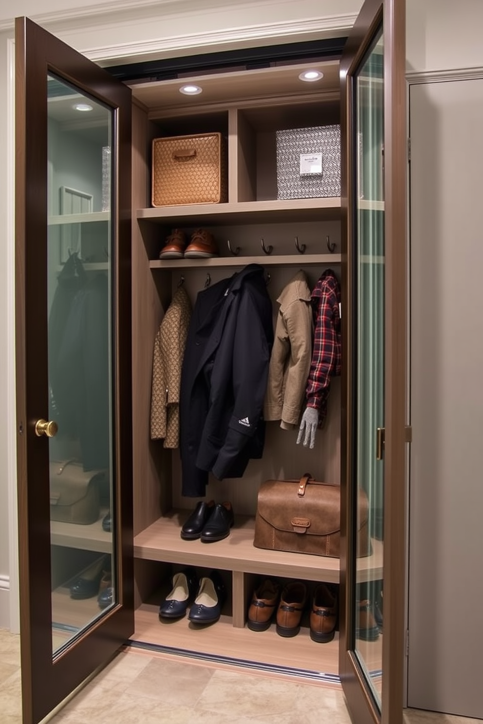 A welcoming mudroom featuring a spacious closet with built-in shelving and hooks for coats and bags. Soft ambient lighting illuminates the space, enhancing the warm wood tones of the cabinetry and the inviting color palette of the walls. The closet door is a stylish sliding design that maximizes space while providing easy access to essentials. A bench with plush cushions sits beneath a window, offering a cozy spot to remove shoes before entering the home.