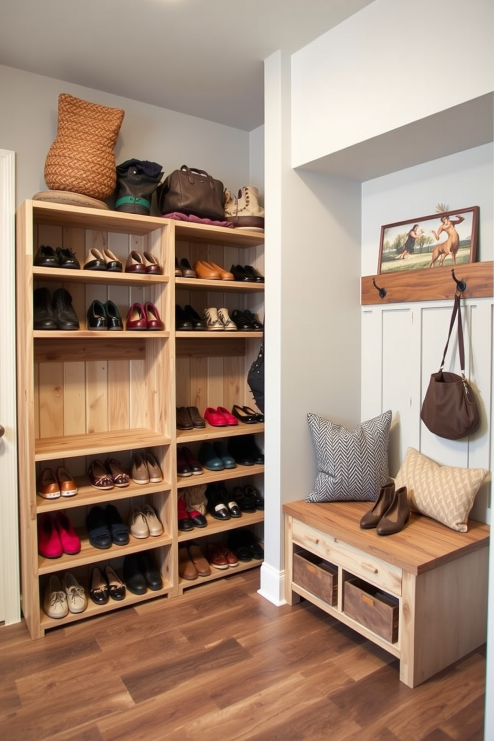 A functional mudroom closet features open shelving that allows for easy access to frequently used items. The shelving is made of reclaimed wood, adding a rustic charm while keeping the space organized and inviting.