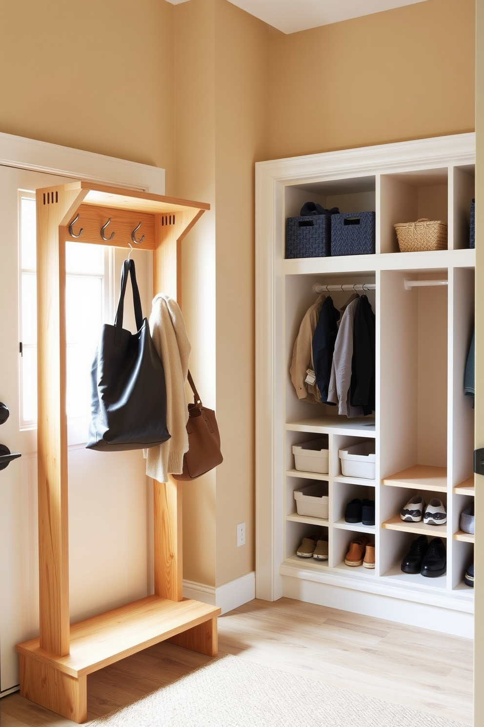 A stylish mudroom closet featuring hidden compartments for clutter control. The design includes built-in shelving and hooks for coats, with a sleek bench for seating and storage underneath.