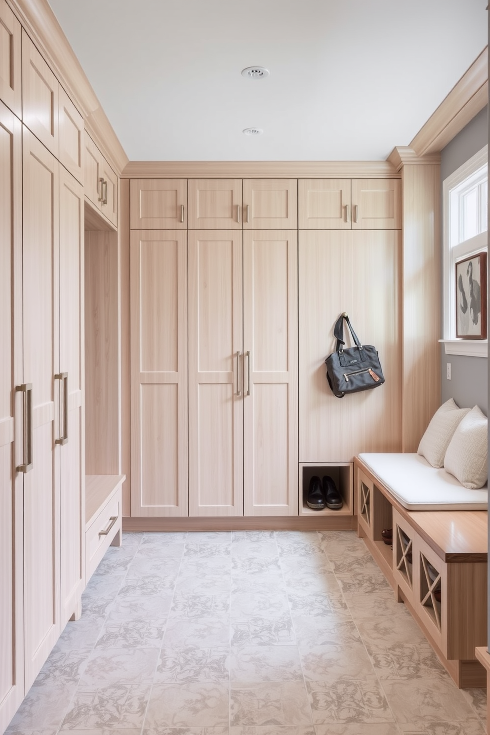 A stylish mudroom featuring built-in hooks for coats and bags creates an organized entryway. The walls are painted in a soft gray hue, and the floor is adorned with durable, patterned tiles. Adjacent to the hooks, a spacious closet with sliding doors provides ample storage for shoes and outdoor gear. Natural light filters in through a nearby window, illuminating the space and enhancing its welcoming atmosphere.