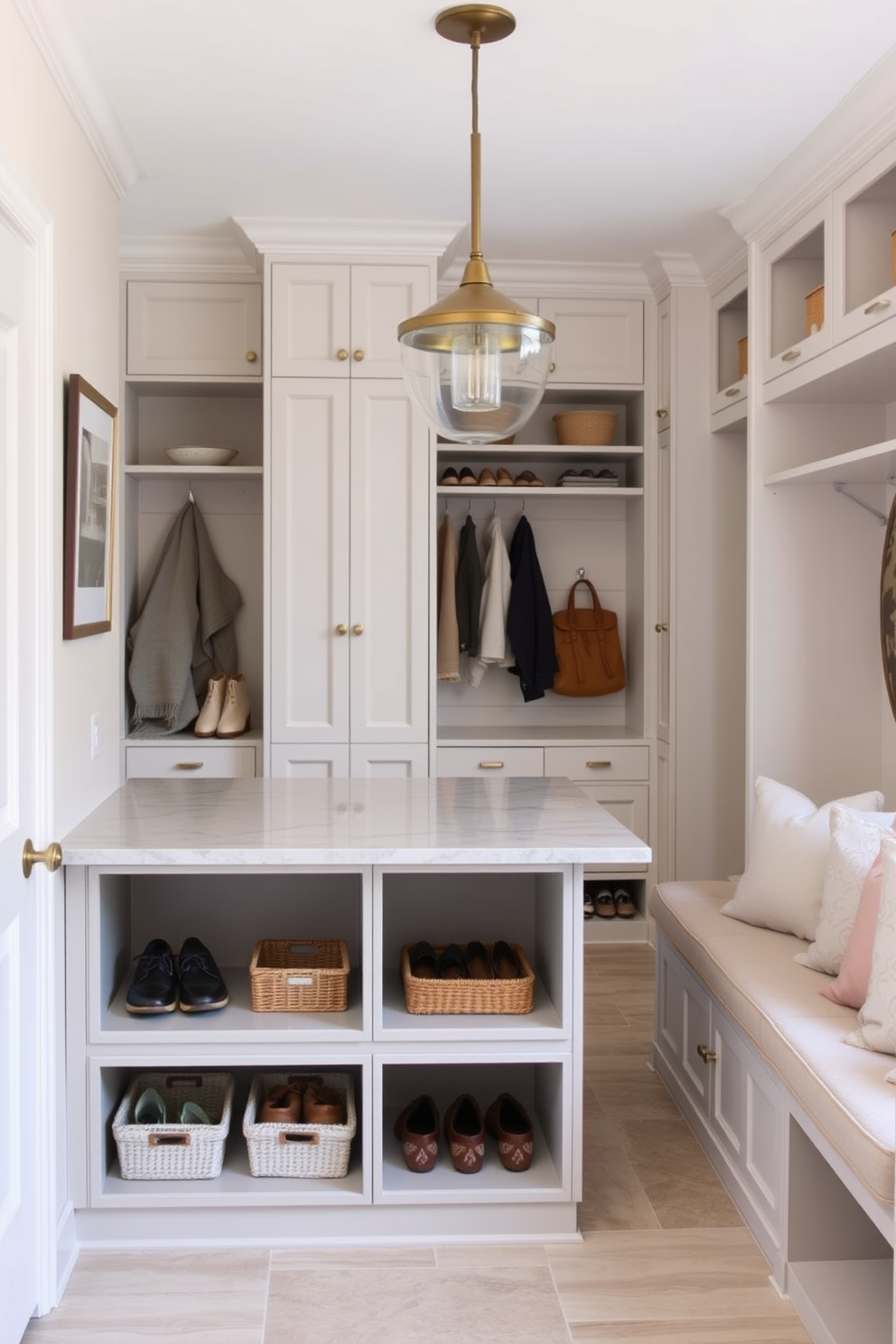 A chalkboard wall serves as a central feature for family messages, allowing for creativity and organization in a fun way. The wall is framed with wooden trim, and colorful chalk is easily accessible in a small basket nearby. The mudroom closet design features built-in shelving and hooks for coats, creating an organized space for family members. Light gray cabinetry complements the warm wood accents, while a durable tile floor adds practicality and style.