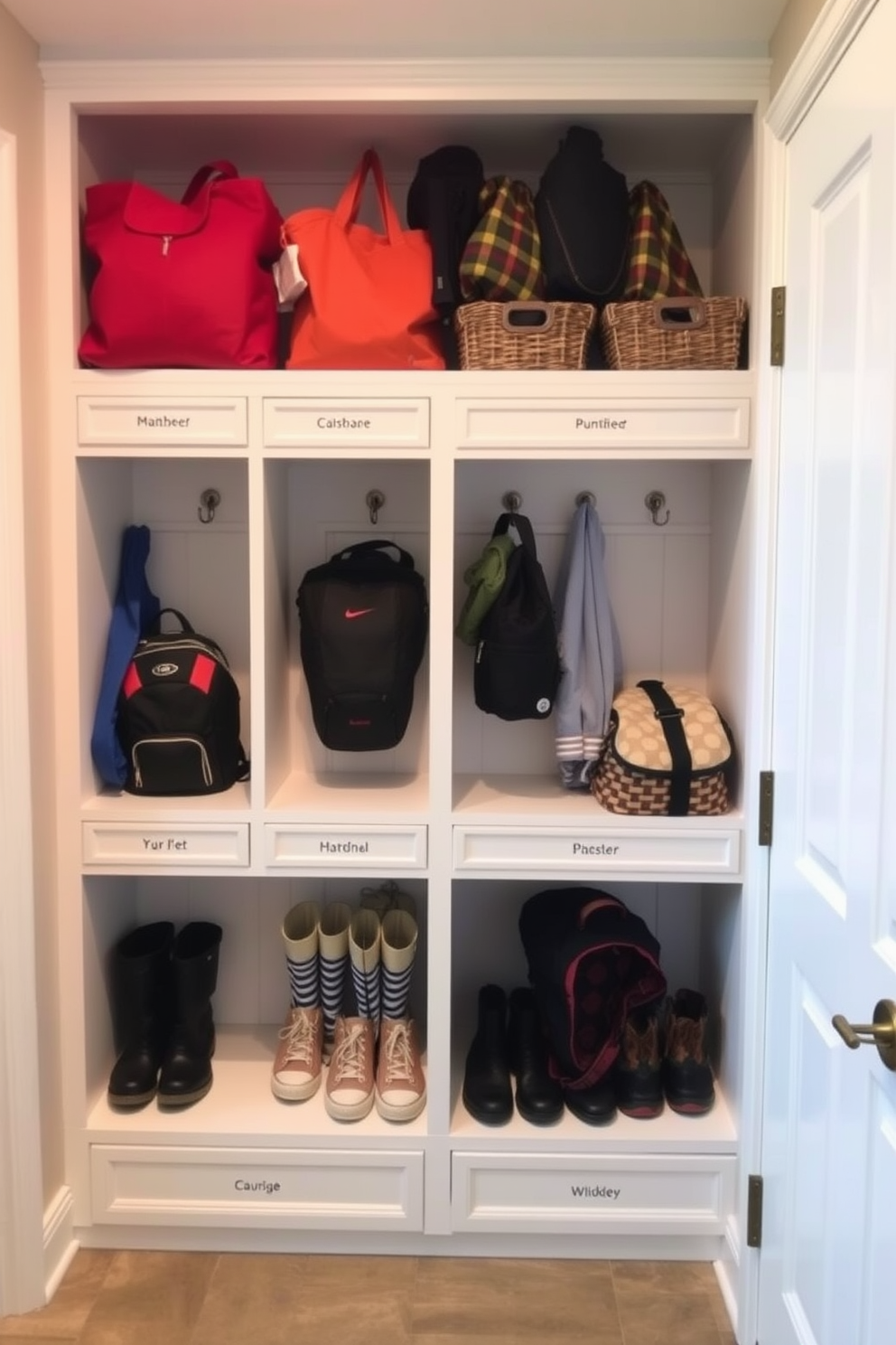 A stylish mudroom features a dedicated small pet area with a cozy bed and storage for pet supplies. The walls are painted in a light gray, and the floor is covered with durable, easy-to-clean tiles. The mudroom closet is designed with built-in shelving and hooks for coats and bags. A bench with storage underneath provides a practical seating area for putting on shoes.