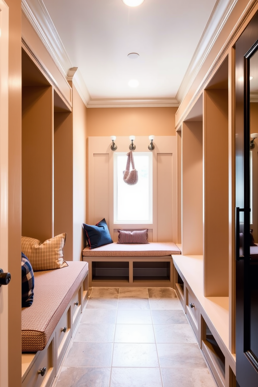 A functional mudroom features open shelving lined with woven baskets for organized storage. The walls are painted in a light neutral color, and a bench with a cushioned top provides a comfortable seating area.