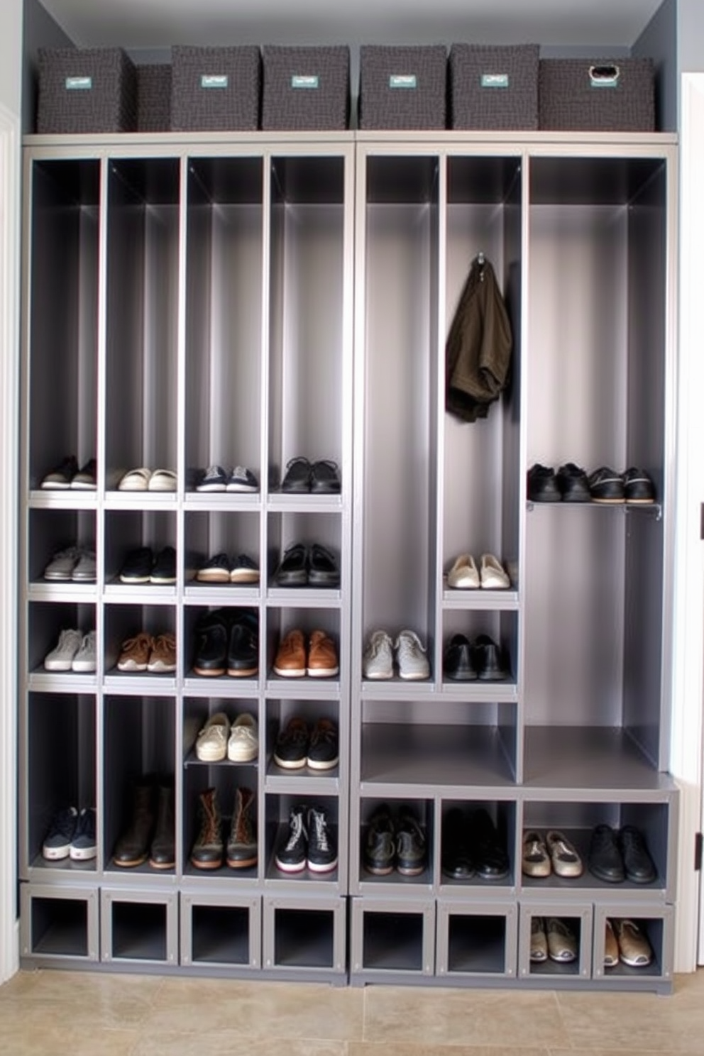 A modern mudroom features sleek metal cubbies that provide a contemporary touch to the space. The cubbies are arranged in a grid pattern, with ample space for shoes and outdoor gear, creating an organized and stylish entryway.