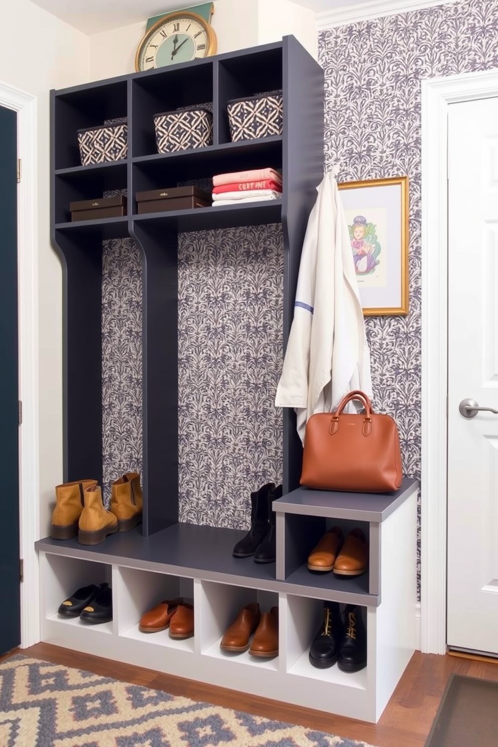 A functional and stylish mudroom features a sturdy bench with open cubbies underneath for easy storage. The cubbies are organized with woven baskets, providing a neat and inviting space for shoes and outdoor gear.