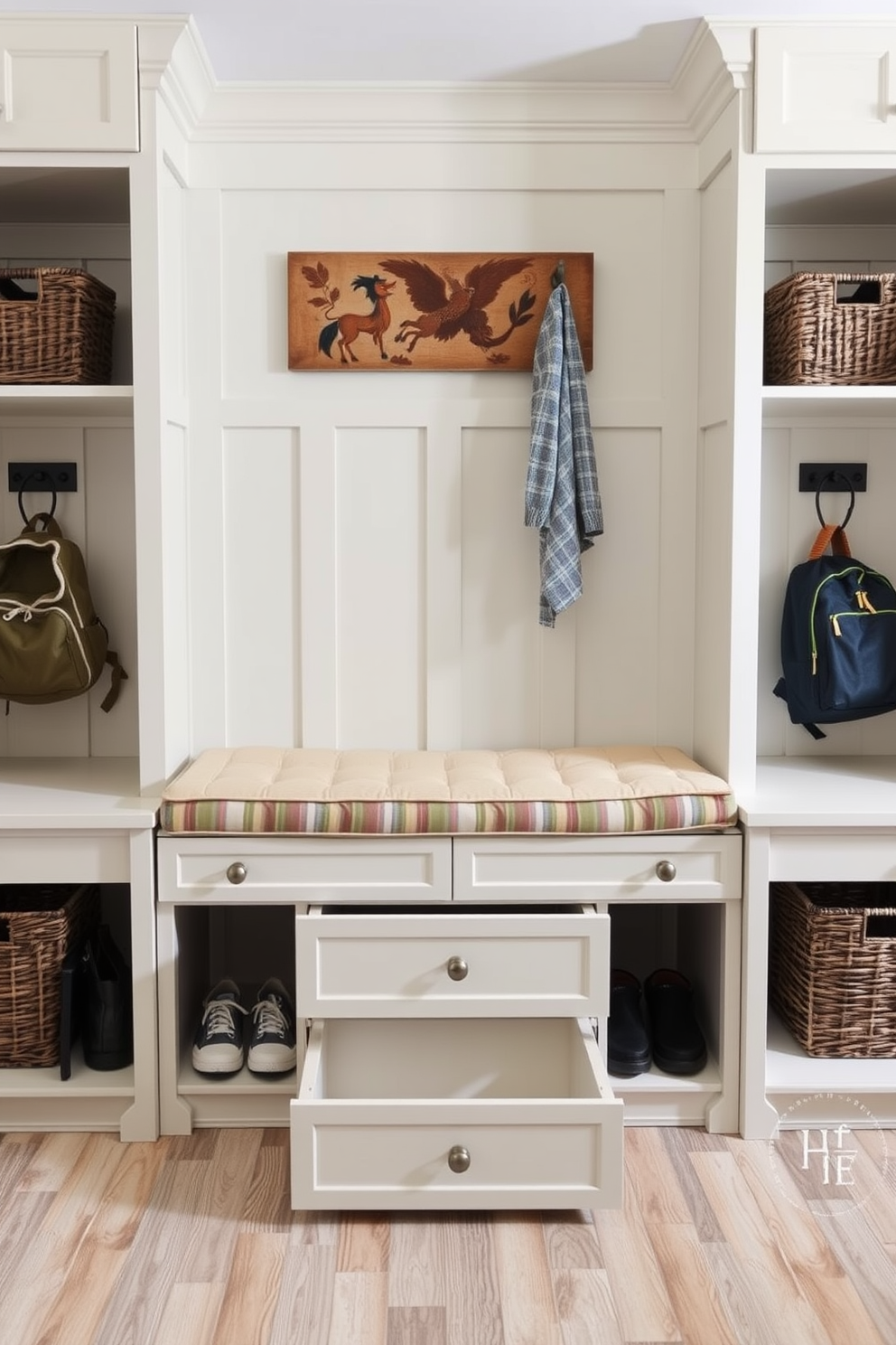 A cozy farmhouse style mudroom featuring a rustic wooden bench with built-in storage baskets underneath. The walls are adorned with shiplap, and a large window allows natural light to brighten the space, complemented by a woven rug on the floor. The bench is flanked by cubbies for shoes and outdoor gear, with hooks above for hanging coats and bags. Soft neutral colors enhance the inviting atmosphere, creating a practical yet charming entryway.