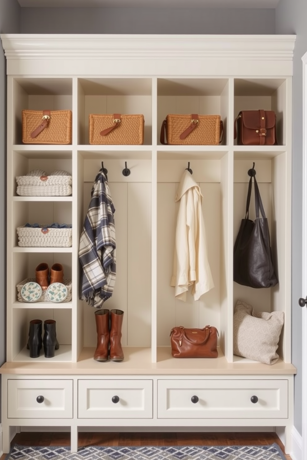 Create a functional mudroom with cubbies designed for seasonal storage of off-season items. Each cubby should be spacious enough to hold winter coats, boots, and accessories, featuring a mix of open and closed storage options for easy organization. Incorporate a bench for seating, allowing for comfortable shoe removal, with hooks above for hanging coats and bags. Use a color palette that complements the overall home design, ensuring the space is both practical and aesthetically pleasing.