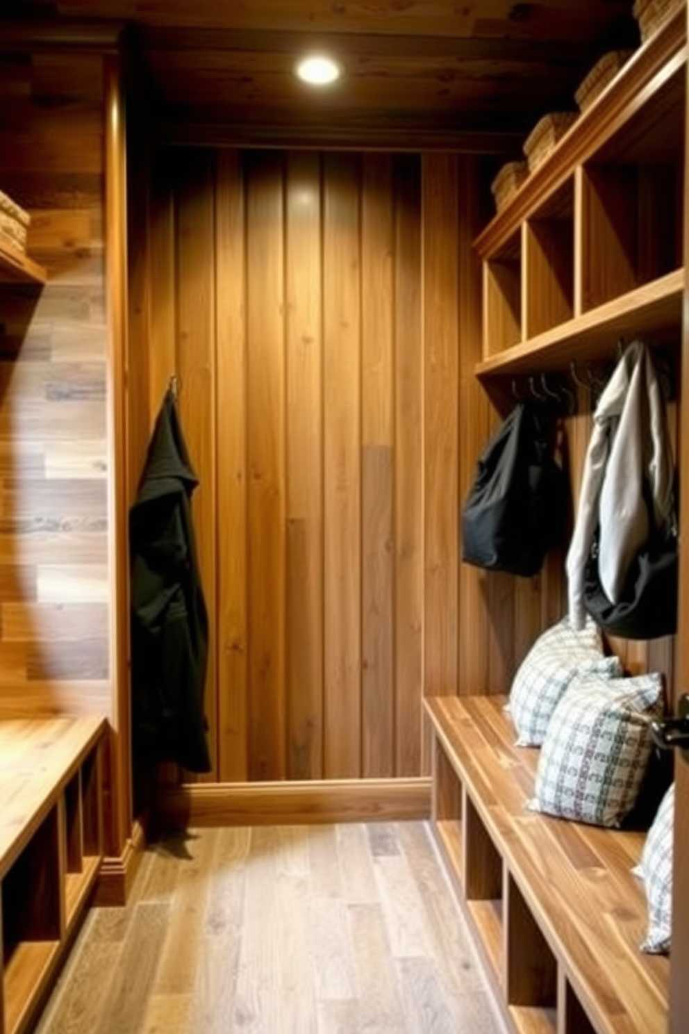 A cozy mudroom featuring rustic wood finishes creates an inviting atmosphere. The space includes built-in cubbies for storage, adorned with soft cushions and hooks for hanging coats and bags.