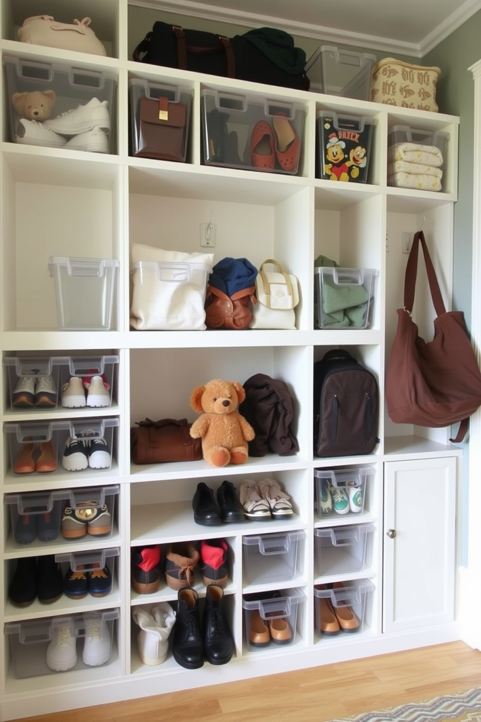 A functional mudroom featuring clear bins for visibility and ease of access. The cubbies are arranged in a grid pattern with a mix of open and closed storage, allowing for organized placement of shoes, bags, and outdoor gear.