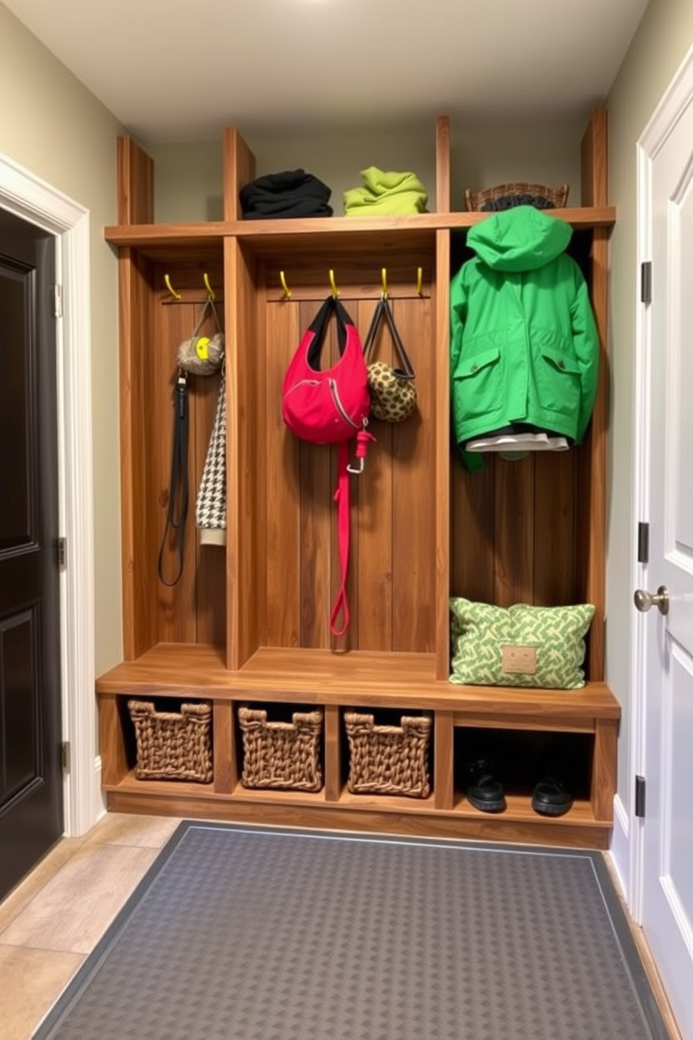 A stylish mudroom featuring ladder-style shelving that adds a unique touch to the space. The shelves are filled with decorative baskets and potted plants, creating an inviting atmosphere. The cubby design includes spacious compartments for shoes and outdoor gear. Each cubby is painted in a soft, neutral color, complemented by a cozy bench for easy seating.