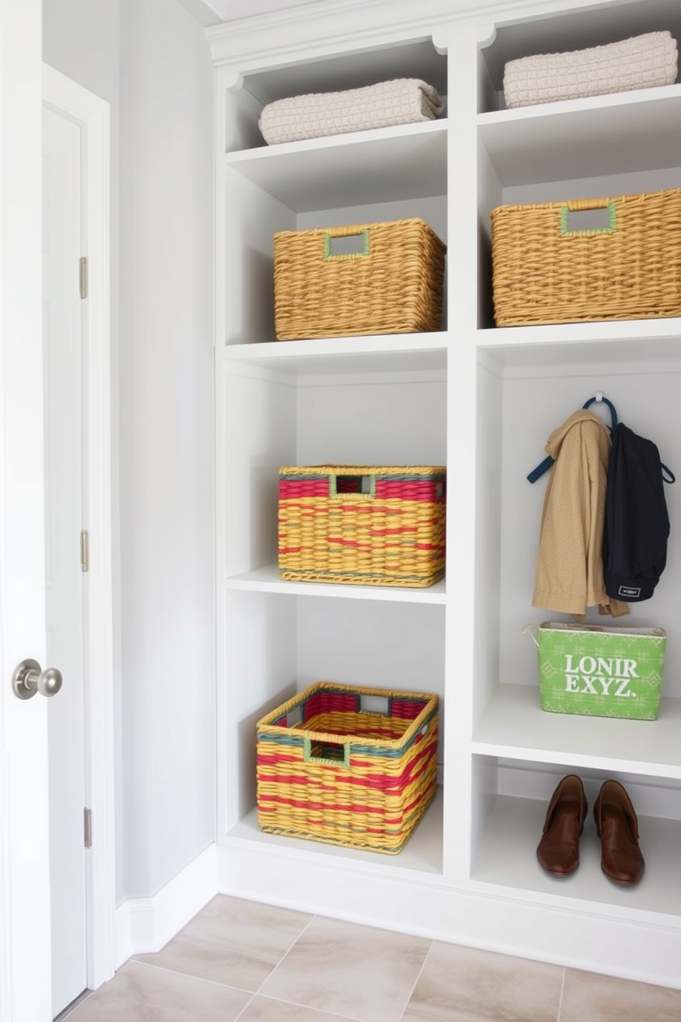 A bright and inviting mudroom features colorful woven baskets neatly arranged in cubbies for easy organization. The walls are painted a soft gray, while the flooring is a durable tile that complements the vibrant hues of the baskets.