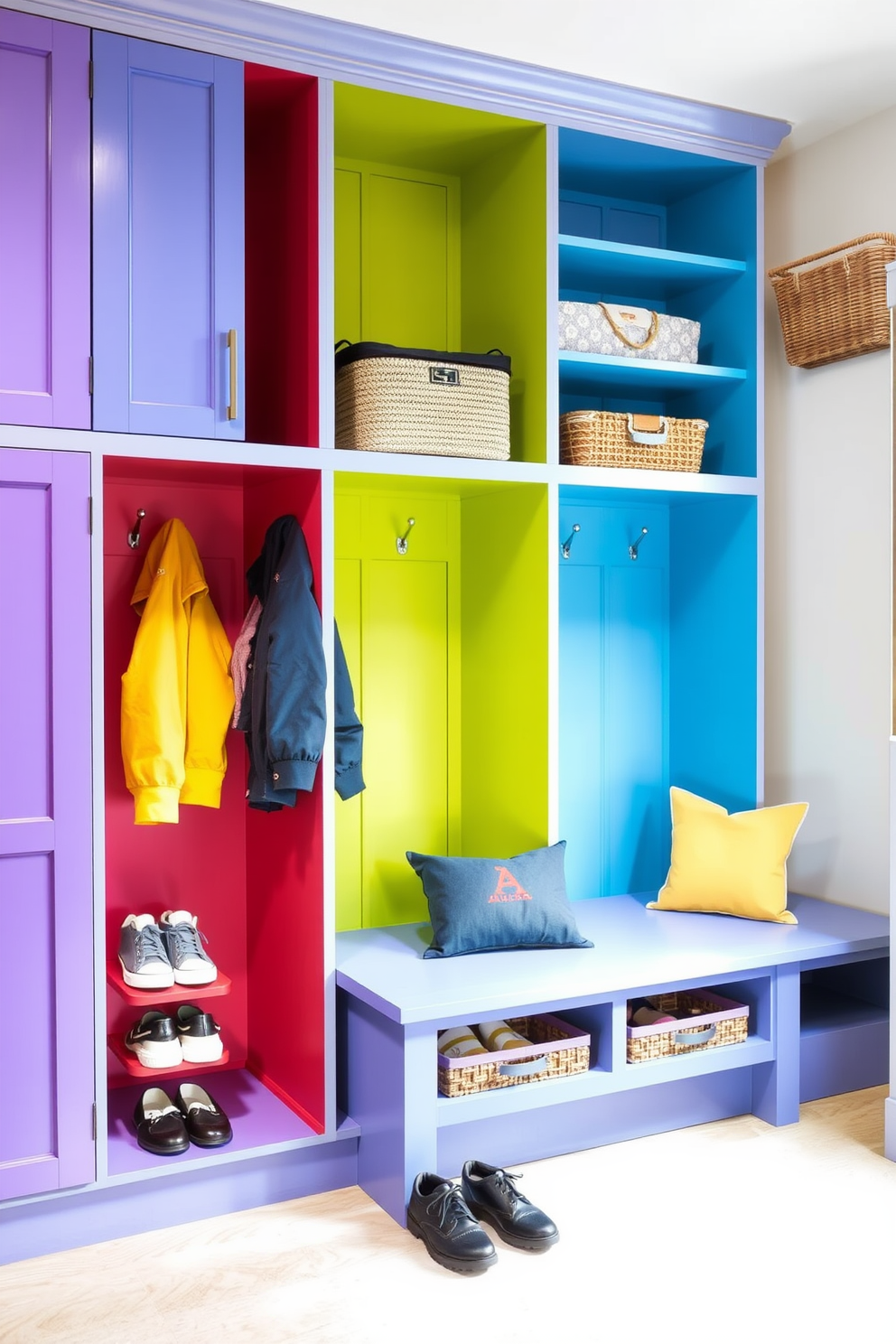 Color-coded storage for family members is essential in a functional and organized mudroom. Each cubby features a distinct color scheme that reflects the personality of its owner, making it easy for everyone to find their belongings. The design includes spacious compartments with hooks for jackets and shelves for shoes. Additionally, a bench provides a comfortable spot for putting on or taking off footwear, enhancing the overall usability of the space.