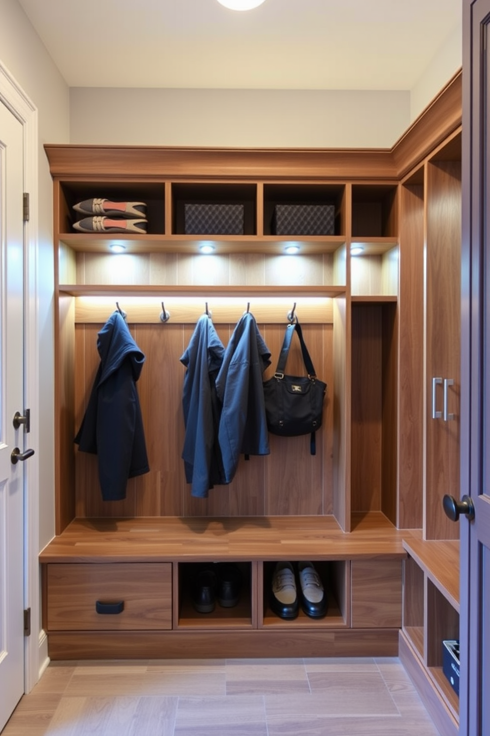 A functional mudroom featuring built-in lighting to enhance visibility. The space includes stylish cubbies with hooks for coats and shelves for shoes, all designed in a warm wood finish.