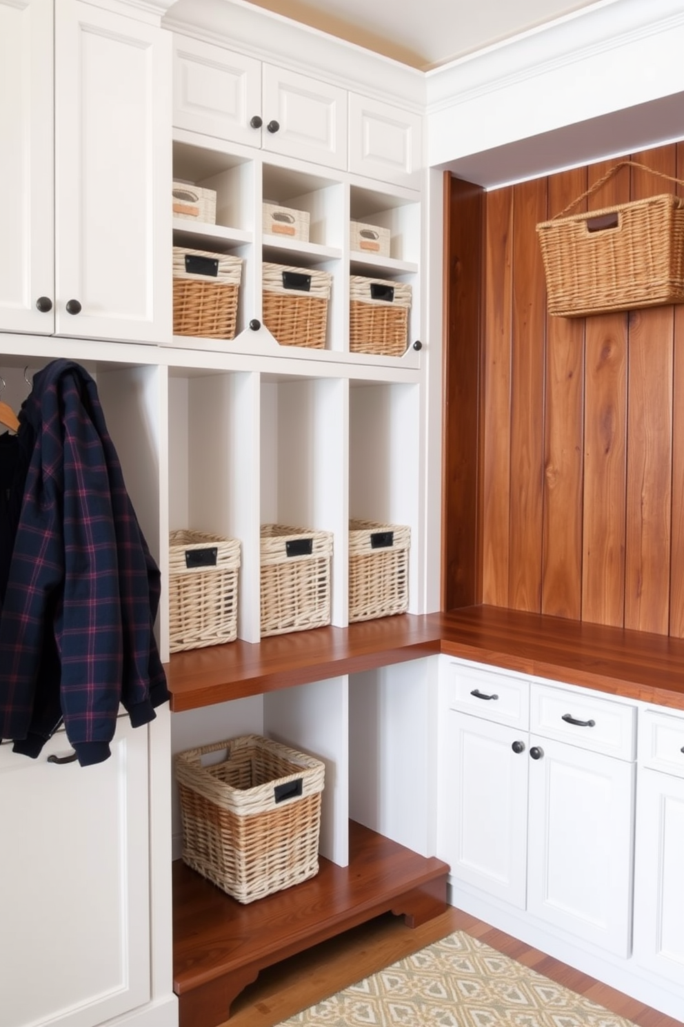 A stylish mudroom featuring cubbies with sliding baskets for flexibility. The cubbies are crafted from rich wood and painted in a soft white, providing a clean and modern look.