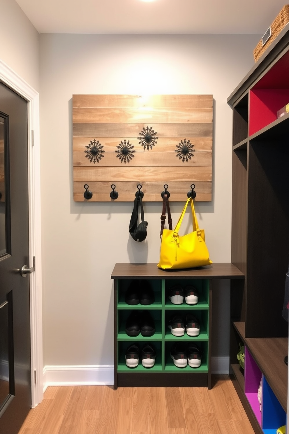 Traditional wooden lockers create a classic style in the mudroom, featuring rich wood tones and intricate detailing. Each locker is spacious, providing ample storage for shoes and outdoor gear, while the surrounding area is adorned with vintage hooks for added functionality.