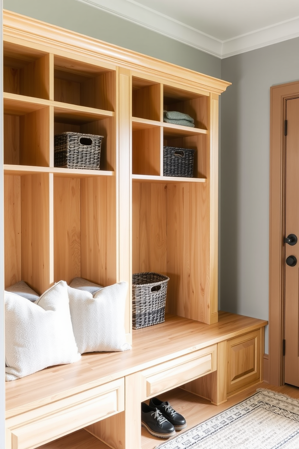 A functional mudroom featuring cubbies with integrated laundry hampers. The cubbies are crafted from light wood and include spacious compartments for storage, with stylish baskets for laundry hidden inside. The walls are painted in a soft gray tone, creating a calm atmosphere. A bench with plush cushions sits below the cubbies, providing a cozy spot to sit and remove shoes.