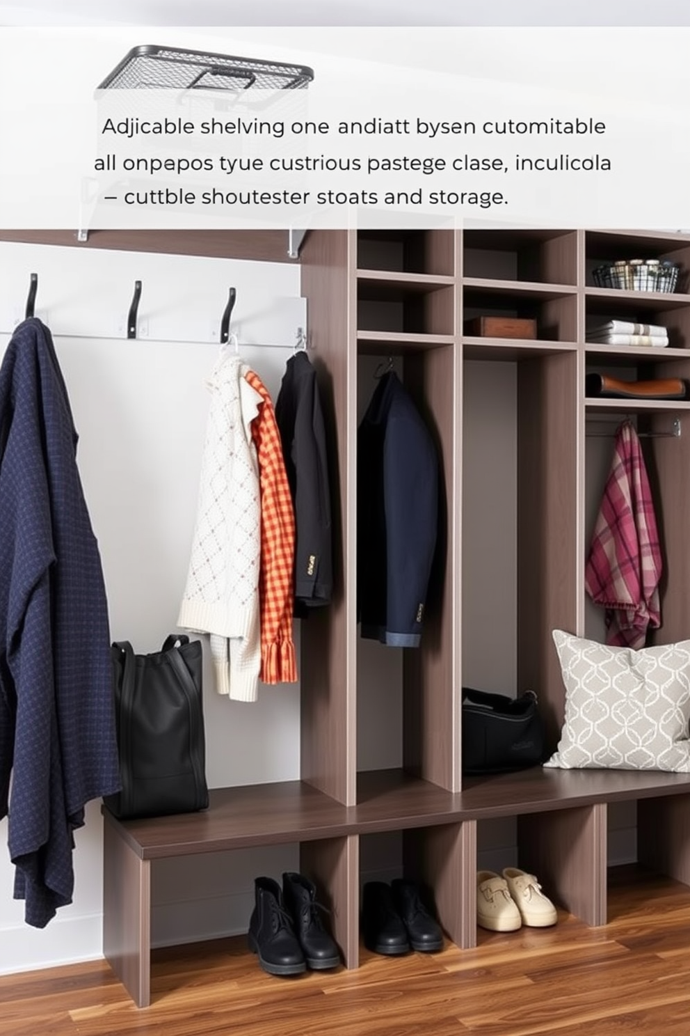 A functional mudroom featuring adjustable shelving that allows for customization based on individual storage needs. The space includes built-in cubbies with hooks for coats and bags, complemented by a bench for easy seating and shoe removal.