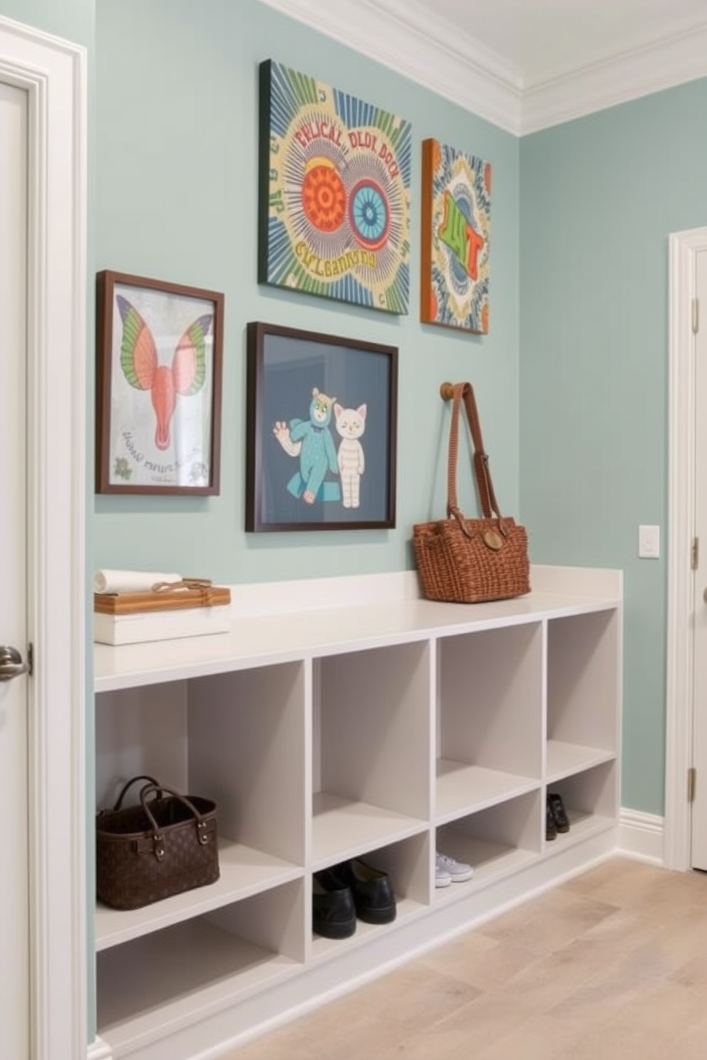 Custom cabinetry for a polished look. The mudroom features built-in cubbies with tailored storage solutions, finished in a sleek white paint with brass hardware. Each cubby is designed to accommodate various items, from shoes to bags, ensuring a clutter-free space. A bench with plush cushions sits below the cubbies, providing a comfortable spot for putting on shoes.