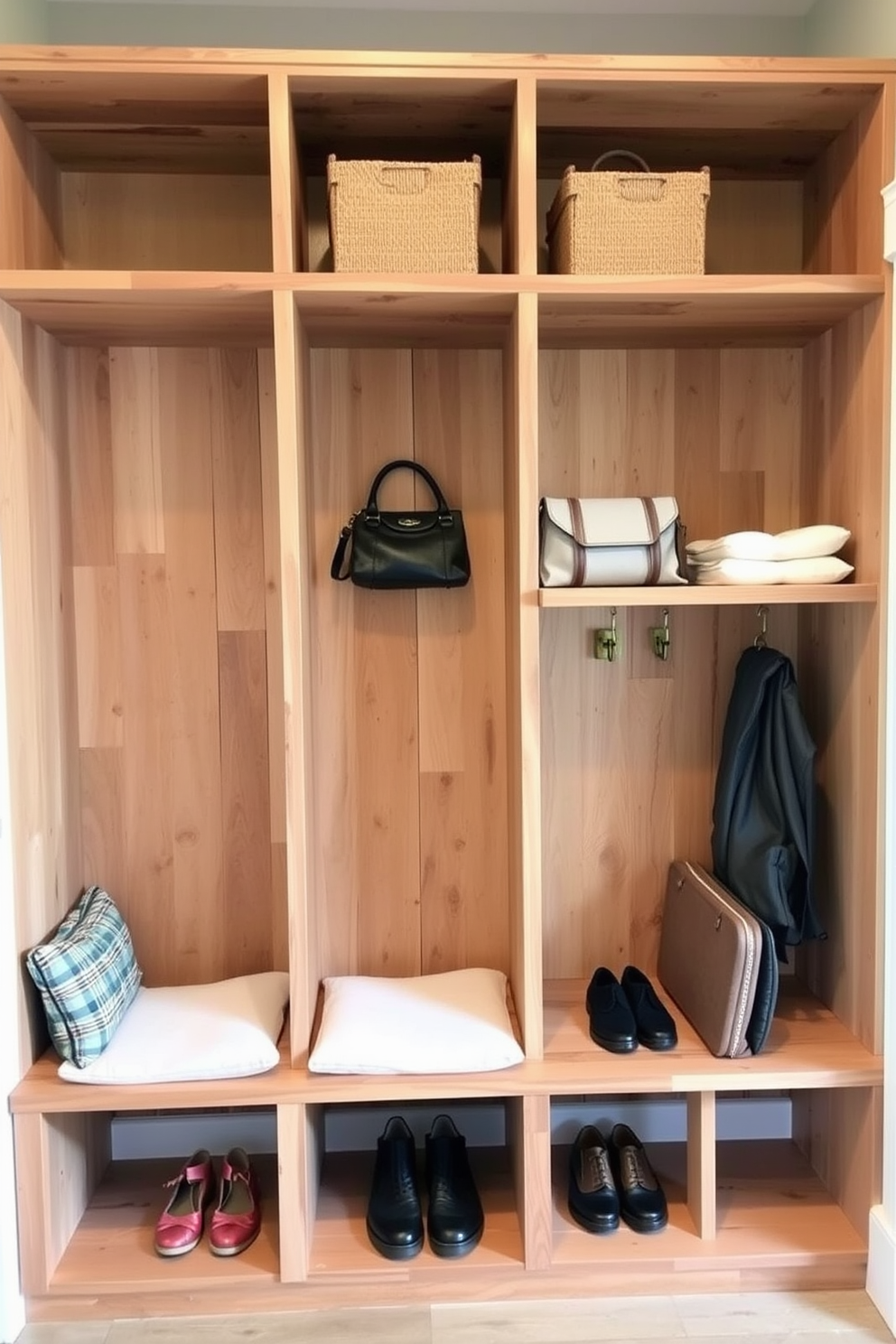 A modern mudroom featuring a sleek floating bench designed for hidden shoe storage. The bench is crafted from light oak wood, complemented by soft gray walls and a stylish patterned rug beneath it. Above the bench, a series of open cubbies provide ample space for organizing bags and outdoor gear. Each cubby is lined with decorative baskets, adding a touch of warmth and functionality to the space.