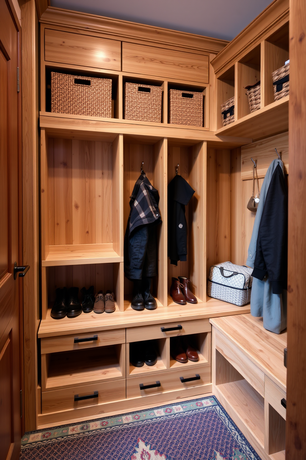 Open cubbies designed for a mudroom feature a stylish plant display. Each cubby is lined with decorative pots, showcasing a variety of lush greenery and vibrant flowers.