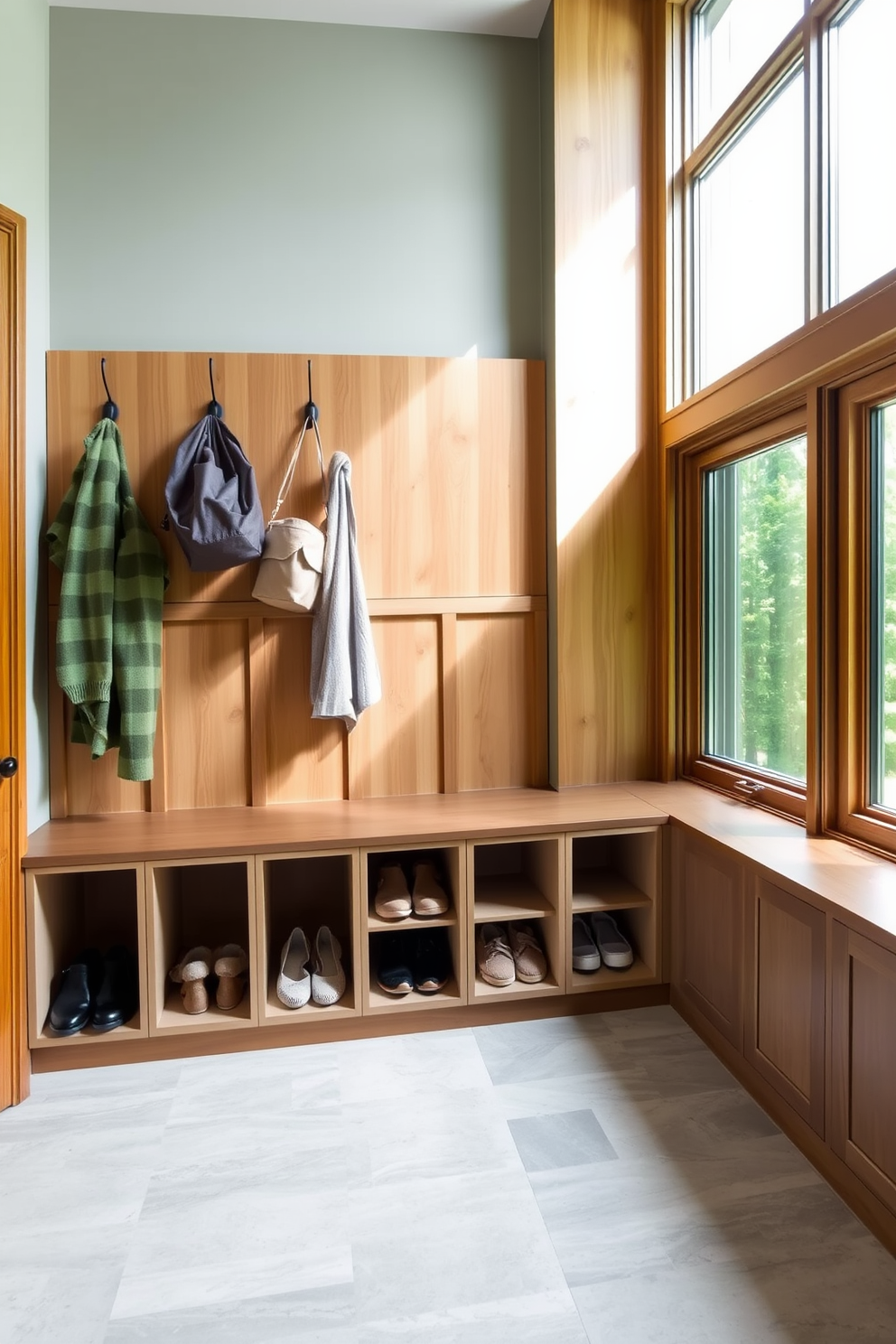 Custom hooks for coats and bags are installed on a stylish wooden wall panel in the mudroom. Below, a row of cubbies provides organized storage for shoes and accessories, each cubby lined with a soft, neutral fabric for added warmth. The floor features durable tile with a subtle texture, complementing the overall design. A large window allows natural light to flood the space, enhancing the inviting atmosphere of the mudroom.