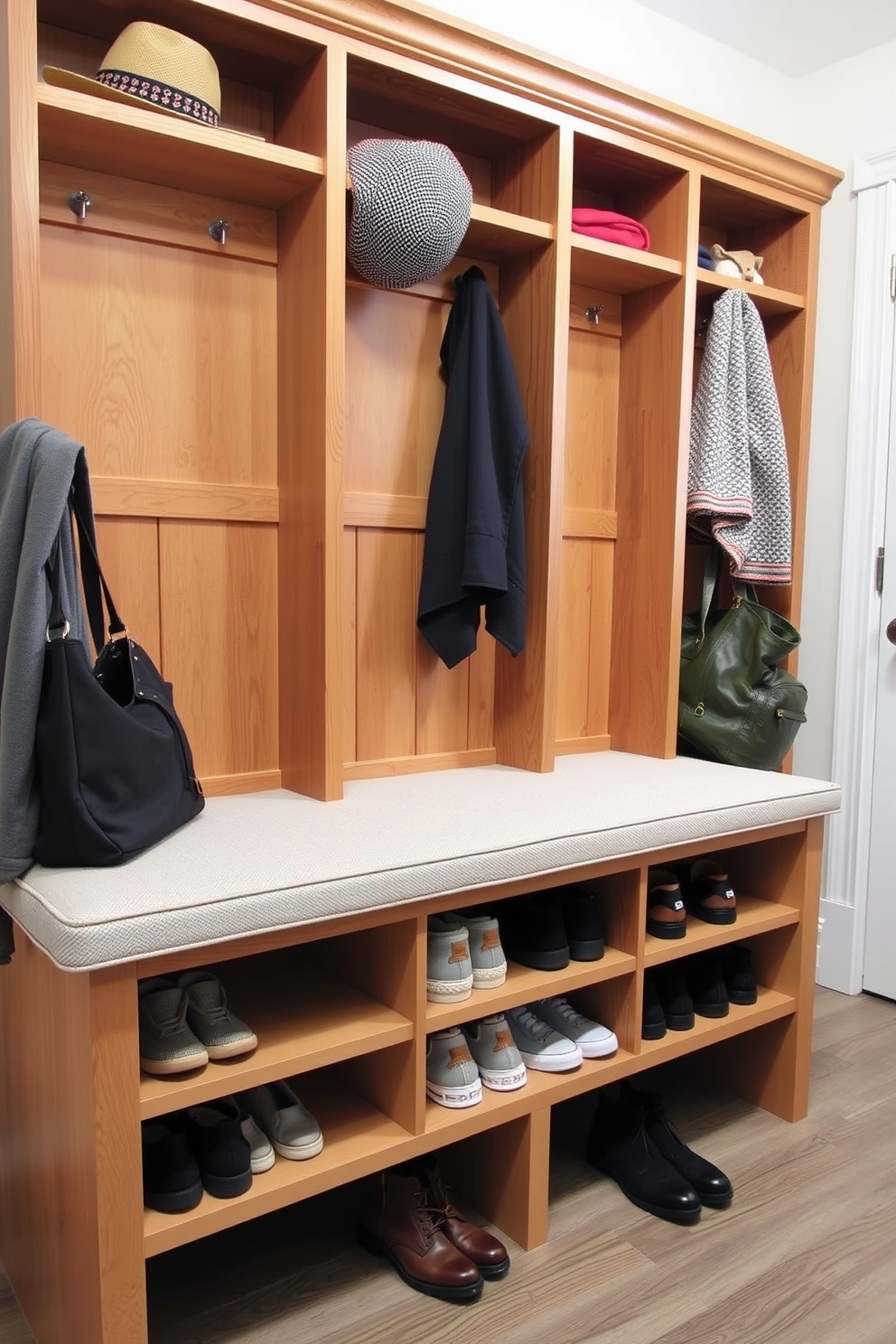 A stylish mudroom bench with integrated shoe storage is designed for functionality and aesthetics. The bench features a cushioned top in a neutral fabric, while underneath, there are organized compartments for shoes, keeping the space tidy. Above the bench, a series of cubbies provides additional storage for hats, scarves, and bags. Each cubby is framed in wood with a warm finish, complementing the overall design and enhancing the welcoming atmosphere of the mudroom.