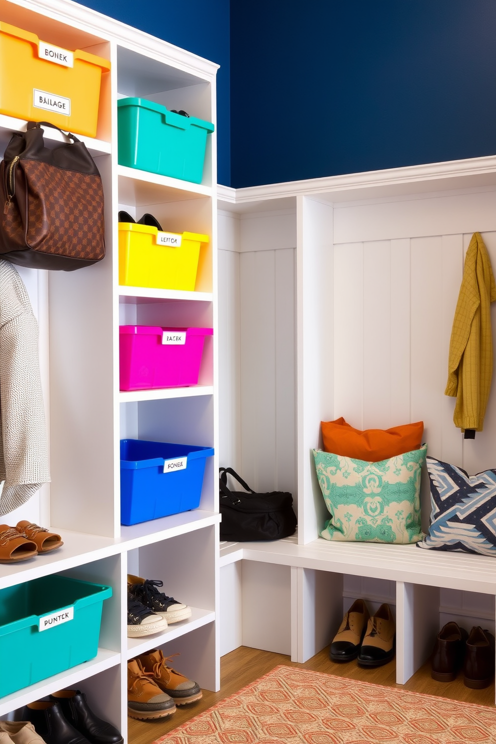 A stylish mudroom featuring narrow cubbies designed for small entryways. Each cubby is crafted from reclaimed wood and painted in a soft white finish, providing both functionality and charm. Above the cubbies, a row of hooks is installed for coats and bags, while a cushioned bench offers a comfortable spot to sit. The floor is adorned with a durable, patterned tile that complements the overall aesthetic of the space.